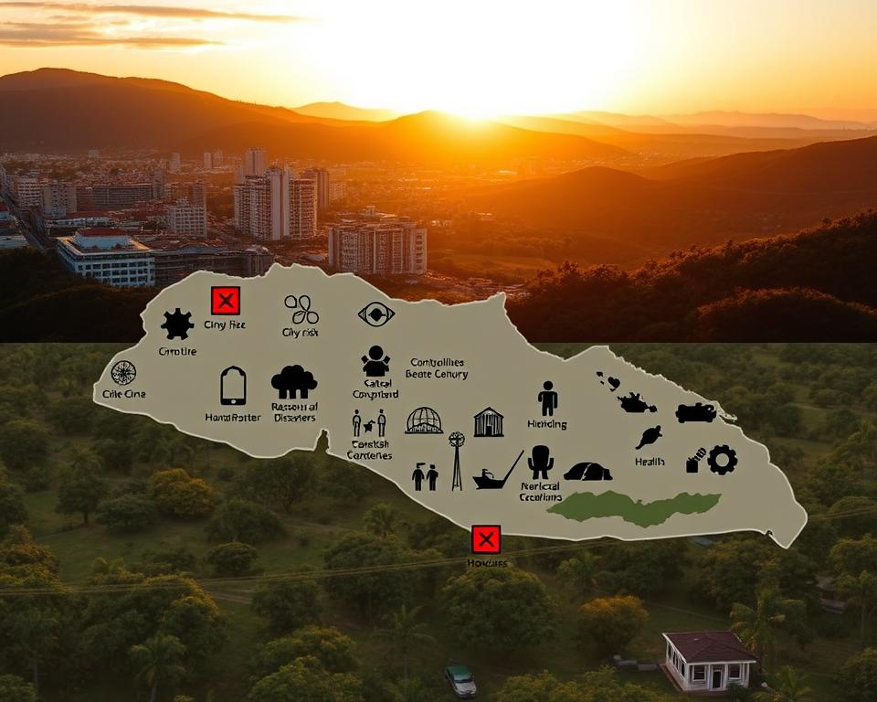 A detailed infographic-style image depicting the risk factors associated with safety in Honduras. In the foreground, include visual icons representing different risks like crime, natural disasters, and health concerns, each placed on a map outline of Honduras. In the middle ground, depict contrasting urban and rural settings, showcasing a vibrant city life juxtaposed with tranquil countryside, illustrating the dichotomy of safety. The background should feature a sunset over scenic landscapes, casting warm golden light, enhancing the awareness of risk while creating an inviting atmosphere. The overall mood is informative yet engaging, encouraging a thoughtful exploration of the subject matter. The image should be clear, well-defined, and visually balanced without any text or overlays. A detailed infographic-style image depicting the risk factors associated with safety in Honduras. In the foreground, include visual icons representing different risks like crime, natural disasters, and health concerns, each placed on a map outline of Honduras. In the middle ground, depict contrasting urban and rural settings, showcasing a vibrant city life juxtaposed with tranquil countryside, illustrating the dichotomy of safety. The background should feature a sunset over scenic landscapes, casting warm golden light, enhancing the awareness of risk while creating an inviting atmosphere. The overall mood is informative yet engaging, encouraging a thoughtful exploration of the subject matter. The image should be clear, well-defined, and visually balanced without any text or overlays.