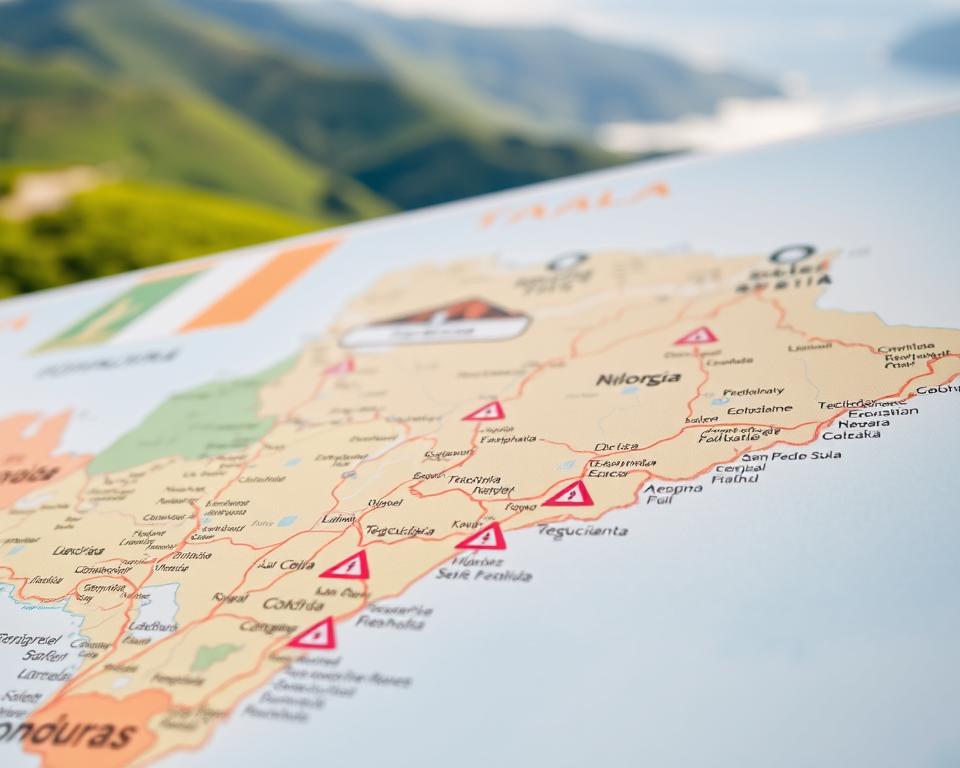 A detailed map of Honduras featuring key regions and cities that require careful planning, with a focus on their safety. In the foreground, a close-up of a well-designed map highlighting areas of interest such as Tegucigalpa, San Pedro Sula, and La Ceiba, marked with distinct symbols denoting safety advisories. In the middle ground, a partially transparent overlay showing cartographic details like borders, major roads, and geographic features. The background should include a serene landscape of Honduras, perhaps the lush green hills or coastal scenery, providing context. The lighting should be bright and inviting, suggesting a sense of exploration, while the angle captures the map in a slightly tilted perspective for a dynamic view. The overall mood conveys caution mixed with hope for adventure. A detailed map of Honduras featuring key regions and cities that require careful planning, with a focus on their safety. In the foreground, a close-up of a well-designed map highlighting areas of interest such as Tegucigalpa, San Pedro Sula, and La Ceiba, marked with distinct symbols denoting safety advisories. In the middle ground, a partially transparent overlay showing cartographic details like borders, major roads, and geographic features. The background should include a serene landscape of Honduras, perhaps the lush green hills or coastal scenery, providing context. The lighting should be bright and inviting, suggesting a sense of exploration, while the angle captures the map in a slightly tilted perspective for a dynamic view. The overall mood conveys caution mixed with hope for adventure.