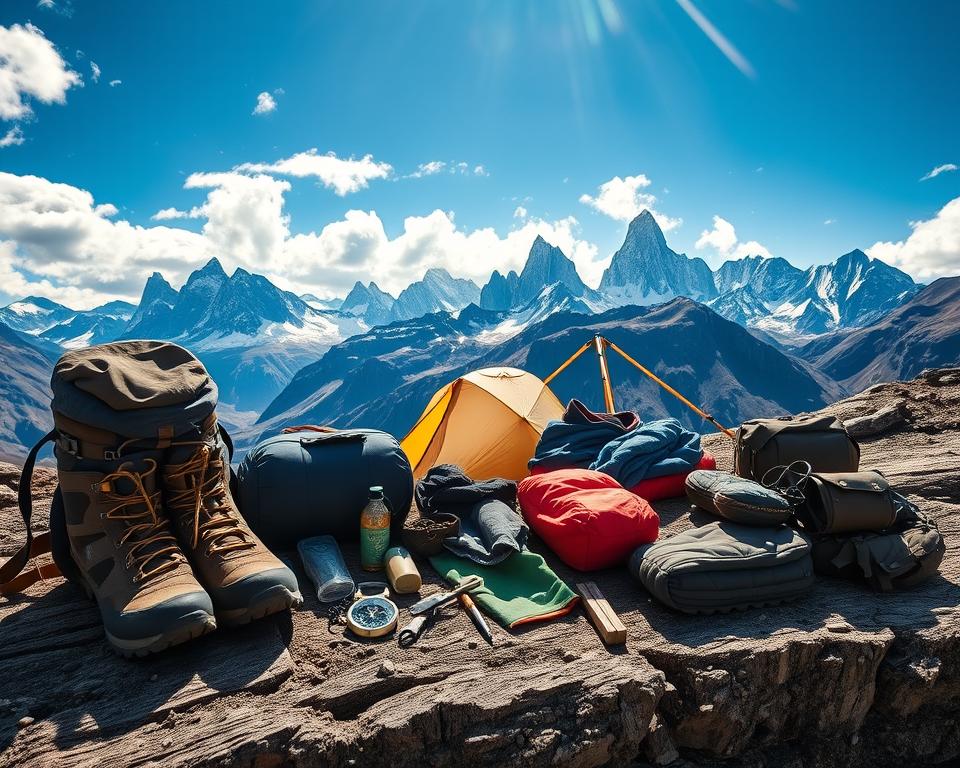 A detailed packing list for trekking in Torres del Paine National Park, featuring essential outdoor gear laid out on a rugged wooden surface. In the foreground, include a durable backpack, a pair of sturdy hiking boots, a compass, and a water bottle. In the middle ground, display items like a tent, a sleeping bag, and layered clothing suitable for varying Patagonian weather conditions. The background features a breathtaking view of the dramatic Torres del Paine peaks with vibrant blue skies and scattered clouds. The lighting is bright and natural, simulating a sunny day, with a slight lens flare to enhance the atmosphere of adventure. The overall mood of the image is inspiring and adventurous, capturing the essence of preparation for an unforgettable journey in Patagonia. A detailed packing list for trekking in Torres del Paine National Park, featuring essential outdoor gear laid out on a rugged wooden surface. In the foreground, include a durable backpack, a pair of sturdy hiking boots, a compass, and a water bottle. In the middle ground, display items like a tent, a sleeping bag, and layered clothing suitable for varying Patagonian weather conditions. The background features a breathtaking view of the dramatic Torres del Paine peaks with vibrant blue skies and scattered clouds. The lighting is bright and natural, simulating a sunny day, with a slight lens flare to enhance the atmosphere of adventure. The overall mood of the image is inspiring and adventurous, capturing the essence of preparation for an unforgettable journey in Patagonia.