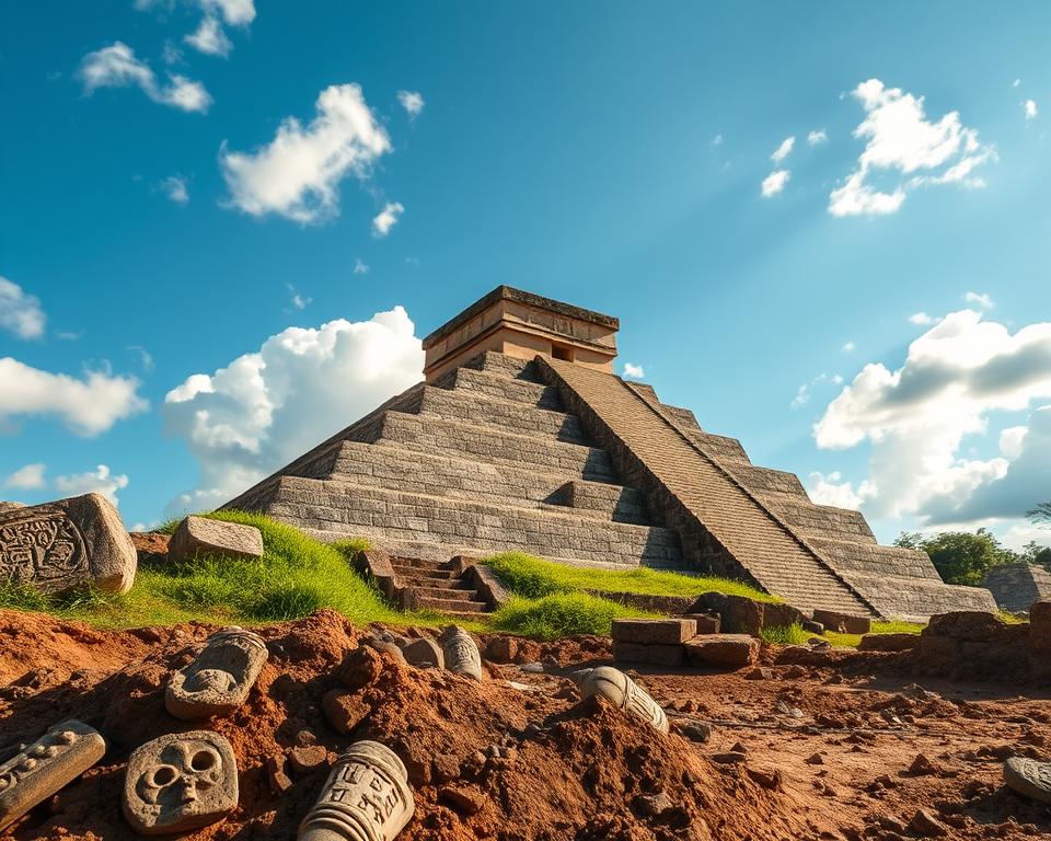 A detailed view of the Templo Mayor excavation site in Mexico City, showcasing the majestic pyramid structure amidst vibrant greenery. In the foreground, ancient stone carvings and ceremonial artifacts are partially buried in the earth, hinting at the glory of the Aztec civilization. The middle ground features the towering remains of the temple, with its stairs leading to a jagged summit where rituals once took place. In the background, a bright blue sky contrasts with scattered clouds, creating an inviting atmosphere. The scene is illuminated by soft, warm sunlight, enhancing the earth tones of the stone. Capture this historical site from a low angle to emphasize the temple's grandeur, evoking a sense of awe and reverence. The overall mood is one of discovery and reflection on the rich heritage of the Aztec empire. A detailed view of the Templo Mayor excavation site in Mexico City, showcasing the majestic pyramid structure amidst vibrant greenery. In the foreground, ancient stone carvings and ceremonial artifacts are partially buried in the earth, hinting at the glory of the Aztec civilization. The middle ground features the towering remains of the temple, with its stairs leading to a jagged summit where rituals once took place. In the background, a bright blue sky contrasts with scattered clouds, creating an inviting atmosphere. The scene is illuminated by soft, warm sunlight, enhancing the earth tones of the stone. Capture this historical site from a low angle to emphasize the temple's grandeur, evoking a sense of awe and reverence. The overall mood is one of discovery and reflection on the rich heritage of the Aztec empire.