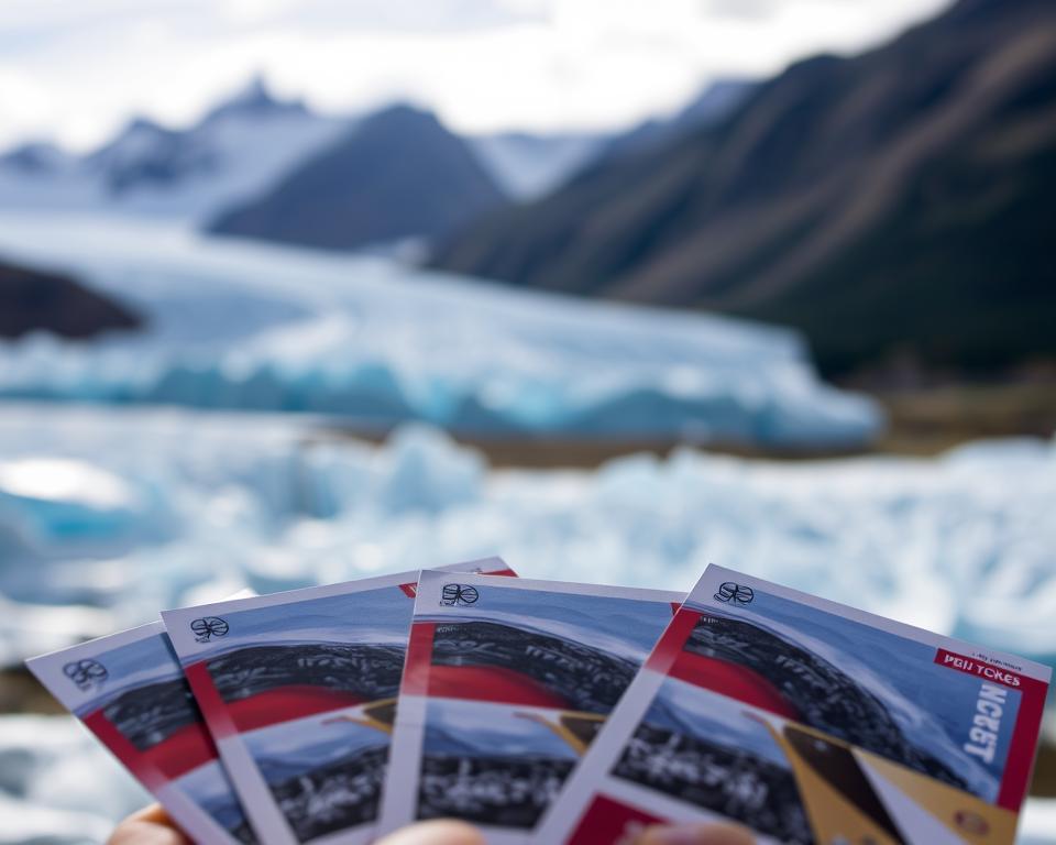 A detailed view of tickets for the Perito Moreno Glacier, elegantly arranged in the foreground, showcasing colorful ticket designs with beautiful glacier motifs. In the middle ground, a subtle hint of the striking blue ice of the glacier can be seen, partially blurred to keep the focus on the tickets. The background captures a dramatic expanse of the Patagonian landscape with mountains and a bright sky. Soft, natural lighting illuminates the scene, casting gentle shadows and creating a serene mood. The angle is slightly tilted to enhance the depth and perspective, inviting viewers to feel as though they're about to embark on an exciting adventure to visit the iconic glacier, surrounded by nature's grandeur. A detailed view of tickets for the Perito Moreno Glacier, elegantly arranged in the foreground, showcasing colorful ticket designs with beautiful glacier motifs. In the middle ground, a subtle hint of the striking blue ice of the glacier can be seen, partially blurred to keep the focus on the tickets. The background captures a dramatic expanse of the Patagonian landscape with mountains and a bright sky. Soft, natural lighting illuminates the scene, casting gentle shadows and creating a serene mood. The angle is slightly tilted to enhance the depth and perspective, inviting viewers to feel as though they're about to embark on an exciting adventure to visit the iconic glacier, surrounded by nature's grandeur.