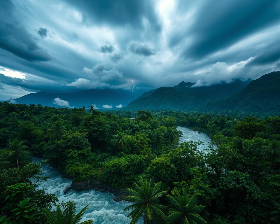 A dramatic landscape of Honduras under impending natural threats. In the foreground, a lush tropical forest with vibrant green foliage, showcasing the region's biodiversity, interspersed with storm clouds brewing ominously above. The middle ground features a turbulent river swollen from heavy rains, rushing toward the viewer with force. In the background, majestic mountains loom shrouded in mist, hinting at erosion risks from rainfall. The sky is a swirling mix of dark gray and deep blue, illuminated by occasional flashes of lightning, creating an electrifying and tense atmosphere. The scene is captured with a wide-angle lens, emphasizing the vastness and intensity of the weather. The overall mood evokes a sense of urgency, highlighting the risks of hurricanes, heavy rains, and landslides. A dramatic landscape of Honduras under impending natural threats. In the foreground, a lush tropical forest with vibrant green foliage, showcasing the region's biodiversity, interspersed with storm clouds brewing ominously above. The middle ground features a turbulent river swollen from heavy rains, rushing toward the viewer with force. In the background, majestic mountains loom shrouded in mist, hinting at erosion risks from rainfall. The sky is a swirling mix of dark gray and deep blue, illuminated by occasional flashes of lightning, creating an electrifying and tense atmosphere. The scene is captured with a wide-angle lens, emphasizing the vastness and intensity of the weather. The overall mood evokes a sense of urgency, highlighting the risks of hurricanes, heavy rains, and landslides.