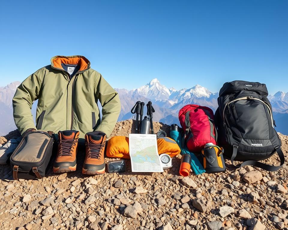 A gear checklist for high-altitude trekking in the Andes, portrayed in a neatly organized flat lay display. The foreground features essential items like a light and waterproof jacket, sturdy hiking boots, a compact sleeping bag, and a durable backpack, all arranged on a rugged surface resembling a rocky mountain trail. In the middle, include additional gear such as trekking poles, a map, and a water bottle, captured under soft, natural lighting to evoke a sense of adventure. The background should hint at majestic Andean peaks against a clear blue sky, suggesting altitude and exploration. The overall atmosphere is prepared and focused, ideal for outdoor enthusiasts planning their ascent. A gear checklist for high-altitude trekking in the Andes, portrayed in a neatly organized flat lay display. The foreground features essential items like a light and waterproof jacket, sturdy hiking boots, a compact sleeping bag, and a durable backpack, all arranged on a rugged surface resembling a rocky mountain trail. In the middle, include additional gear such as trekking poles, a map, and a water bottle, captured under soft, natural lighting to evoke a sense of adventure. The background should hint at majestic Andean peaks against a clear blue sky, suggesting altitude and exploration. The overall atmosphere is prepared and focused, ideal for outdoor enthusiasts planning their ascent.