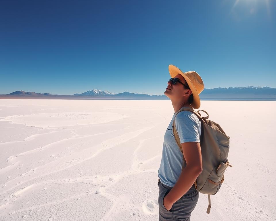 A high-altitude landscape of Bolivia, showcasing the breathtaking Uyuni Salt Flats under a bright blue sky. In the foreground, a traveler, dressed in modest casual clothing and a sun hat, looks up at the vast expanse of white salt, their expression one of awe and contemplation. In the middle, patches of scattered salt crystals reflect the sunlight, creating a shimmering effect that hints at the unique microclimate of the area. The background features distant mountains with snow-capped peaks, emphasizing the height and the potential for altitude sickness. Soft, diffused lighting captures the serene atmosphere of this remote region, with a wide-angle view to enhance the feeling of spaciousness and tranquility.