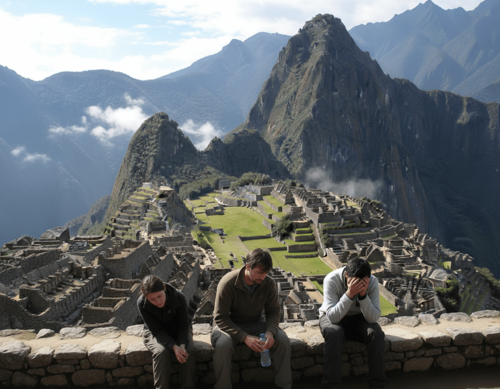 A high-altitude scene depicting travelers experiencing symptoms of altitude sickness while visiting Machu Picchu. In the foreground, a group of three travelers, dressed in modest casual clothing, display signs of fatigue, light-headedness, and discomfort, one holding a water bottle. The middle ground features the iconic stone structures of Machu Picchu, shrouded in mist, emphasizing the height and ruggedness of the terrain. The background showcases the breathtaking Andes mountains under a bright but slightly overcast sky, suggesting the challenges of high altitude. Soft, diffused lighting enhances the atmosphere, creating a sense of both beauty and apprehension associated with high-altitude travel. The perspective is from a slightly elevated angle, giving a panoramic view of the scenic landscape.