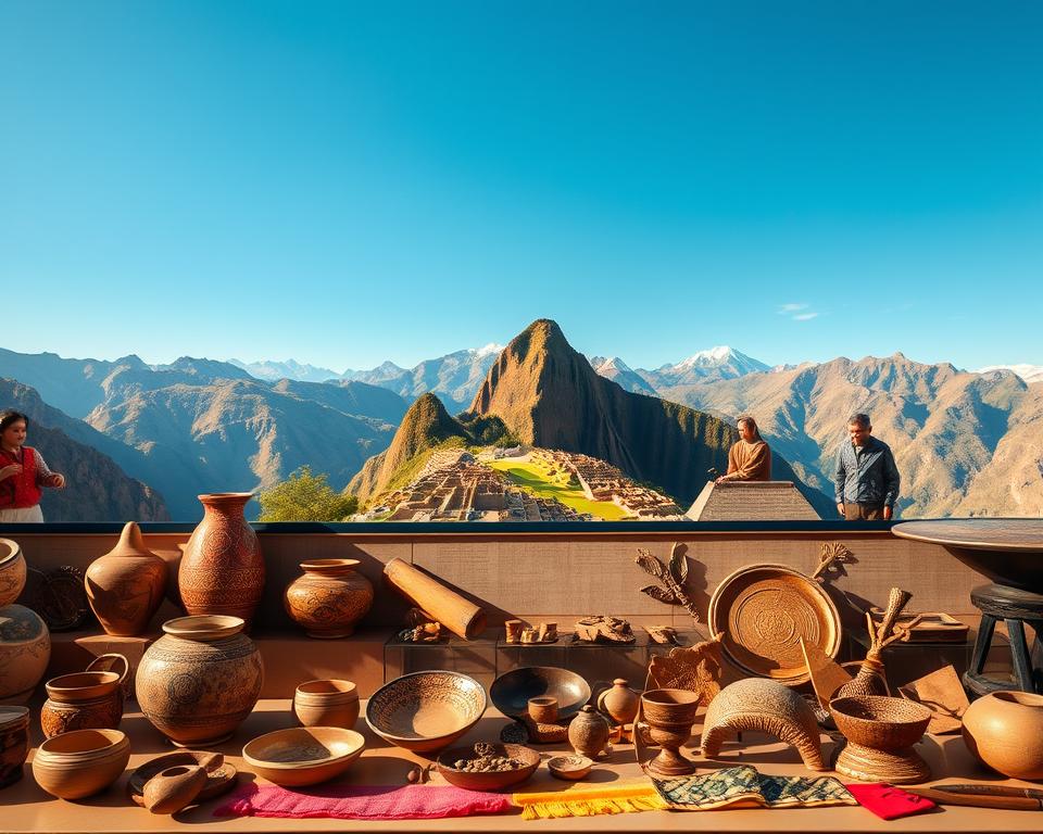 A historical timeline of Peru illustrated with a blend of vibrant colors and intricate details. In the foreground, distinct cultural artifacts such as ceramics, textiles, and goldsmithing tools are neatly arranged, showcasing the artistry of ancient Peruvian civilizations. The middle ground features representations of key historical events depicted with stylized images of notable figures in traditional attire, surrounded by lush Andean landscapes, highlighting regions like the Sacred Valley and Machu Picchu. The background shows the majestic Andes mountains under a clear blue sky, evoking a sense of grandeur. Soft, natural lighting casts gentle shadows, enhancing the textures of the artifacts. The overall mood is one of reverence and discovery, inviting viewers to connect with Peru's rich cultural heritage. A historical timeline of Peru illustrated with a blend of vibrant colors and intricate details. In the foreground, distinct cultural artifacts such as ceramics, textiles, and goldsmithing tools are neatly arranged, showcasing the artistry of ancient Peruvian civilizations. The middle ground features representations of key historical events depicted with stylized images of notable figures in traditional attire, surrounded by lush Andean landscapes, highlighting regions like the Sacred Valley and Machu Picchu. The background shows the majestic Andes mountains under a clear blue sky, evoking a sense of grandeur. Soft, natural lighting casts gentle shadows, enhancing the textures of the artifacts. The overall mood is one of reverence and discovery, inviting viewers to connect with Peru's rich cultural heritage.