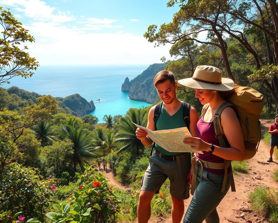 A lush landscape of Parque Nacional Natural Tayrona in Colombia, illustrating health and safety tips. In the foreground, a couple wearing modest hiking attire examines a map, highlighting the importance of navigation and preparation. The middle ground features dense tropical vegetation, vibrant flowers, and well-maintained trails, depicting a sense of adventure and exploration. In the background, majestic cliffs meet the serene turquoise sea under a bright blue sky, with soft sunlight filtering through the trees, creating a warm and inviting atmosphere. The scene captures a blend of tranquility and excitement, emphasizing the natural beauty and the importance of being well-prepared for outdoor activities in this stunning national park. The overall mood is cheerful and optimistic, suitable for travelers. A lush landscape of Parque Nacional Natural Tayrona in Colombia, illustrating health and safety tips. In the foreground, a couple wearing modest hiking attire examines a map, highlighting the importance of navigation and preparation. The middle ground features dense tropical vegetation, vibrant flowers, and well-maintained trails, depicting a sense of adventure and exploration. In the background, majestic cliffs meet the serene turquoise sea under a bright blue sky, with soft sunlight filtering through the trees, creating a warm and inviting atmosphere. The scene captures a blend of tranquility and excitement, emphasizing the natural beauty and the importance of being well-prepared for outdoor activities in this stunning national park. The overall mood is cheerful and optimistic, suitable for travelers.
