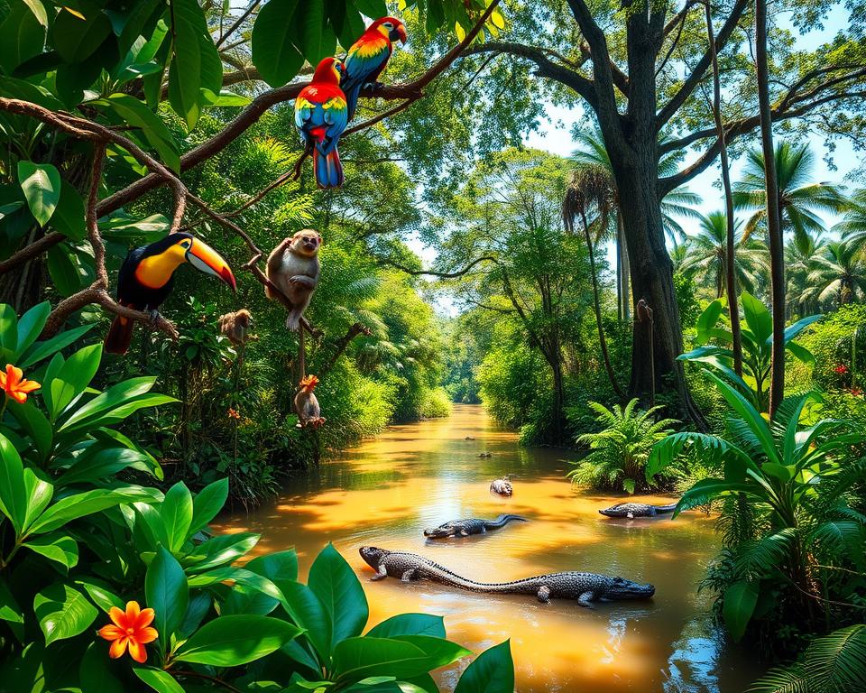A lush, tropical scene depicting a vibrant rainforest in Tortuguero National Park, Costa Rica. In the foreground, colorful birds like toucans and parrots perch on branches, surrounded by dense green leaves and vibrant flowers. A sleepy sloth hangs gracefully from a nearby branch, while playful monkeys swing above. In the middle ground, the murky waters of the river reflect the surrounding greenery and the silhouette of caimans lurking nearby. In the background, towering trees stretch into a clear blue sky, dappled sunlight filtering through the leaves, creating a warm and inviting atmosphere. Capture this serene wildlife moment with a slight wide-angle lens, emphasizing the richness of color and intricate details of nature, illustrating the beauty and diversity of the ecosystem. A lush, tropical scene depicting a vibrant rainforest in Tortuguero National Park, Costa Rica. In the foreground, colorful birds like toucans and parrots perch on branches, surrounded by dense green leaves and vibrant flowers. A sleepy sloth hangs gracefully from a nearby branch, while playful monkeys swing above. In the middle ground, the murky waters of the river reflect the surrounding greenery and the silhouette of caimans lurking nearby. In the background, towering trees stretch into a clear blue sky, dappled sunlight filtering through the leaves, creating a warm and inviting atmosphere. Capture this serene wildlife moment with a slight wide-angle lens, emphasizing the richness of color and intricate details of nature, illustrating the beauty and diversity of the ecosystem.