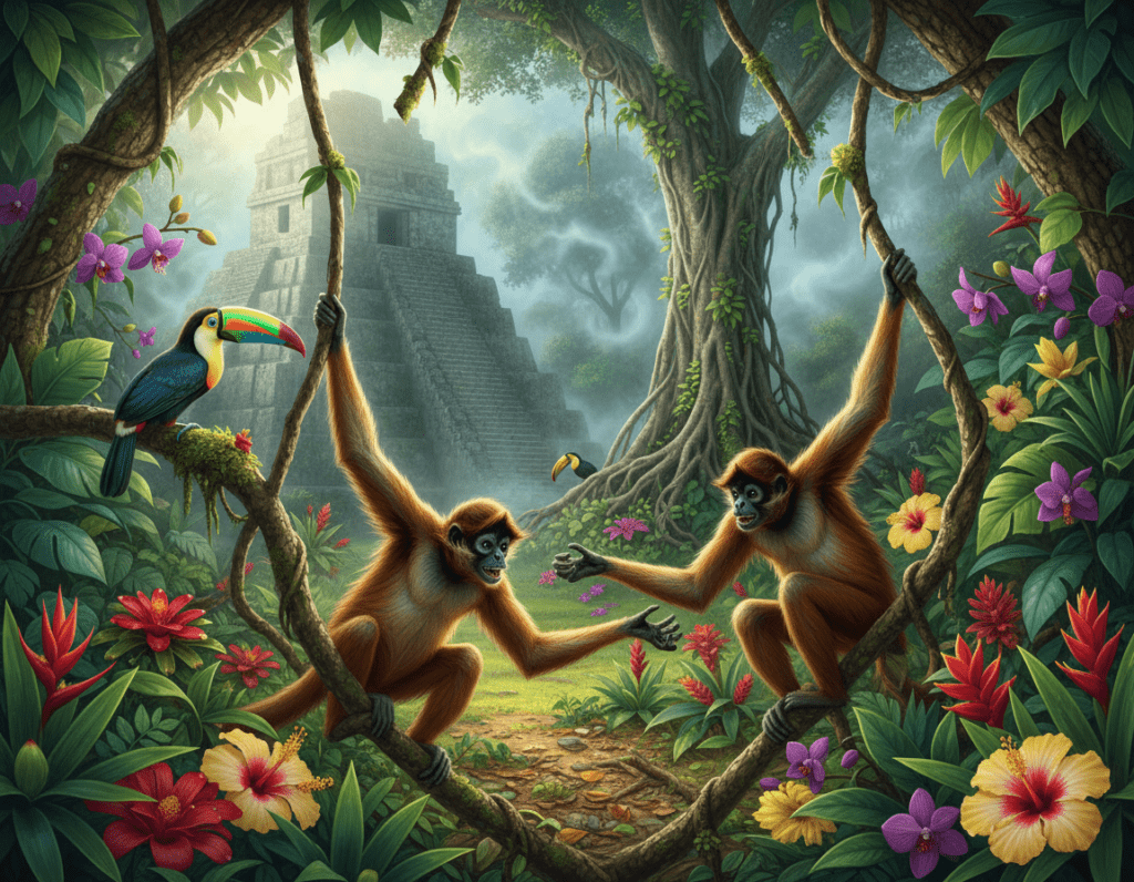 A lush, vibrant jungle scene in Tikal, Guatemala, showcasing the rich wildlife and habitat. In the foreground, a pair of playful spider monkeys swings from tree branches, their expressive faces capturing curiosity and playfulness. The middle layer features a brightly colored toucan perched on a branch, its beak vivid against the greenery. Exotic plants with large leaves and bright flowers surround the monkeys, adding richness to the scene. The background reveals towering ancient Mayan temples partially obscured by dense foliage, shrouded in mist to create a sense of mystery. Soft, dappled sunlight filters through the treetops, casting intricate shadows on the forest floor, creating an inviting and serene atmosphere. The angle is slightly elevated, providing a broader view of the vibrant jungle life and ancient ruins, emphasizing the enchantment of Tikal's wildlife. A lush, vibrant jungle scene in Tikal, Guatemala, showcasing the rich wildlife and habitat. In the foreground, a pair of playful spider monkeys swings from tree branches, their expressive faces capturing curiosity and playfulness. The middle layer features a brightly colored toucan perched on a branch, its beak vivid against the greenery. Exotic plants with large leaves and bright flowers surround the monkeys, adding richness to the scene. The background reveals towering ancient Mayan temples partially obscured by dense foliage, shrouded in mist to create a sense of mystery. Soft, dappled sunlight filters through the treetops, casting intricate shadows on the forest floor, creating an inviting and serene atmosphere. The angle is slightly elevated, providing a broader view of the vibrant jungle life and ancient ruins, emphasizing the enchantment of Tikal's wildlife.