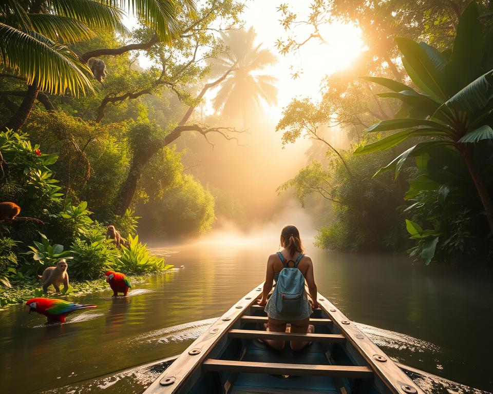 A lush, vibrant view of Tortuguero National Park in Costa Rica, capturing the essence of sustainable travel. In the foreground, a small, eco-friendly wooden boat glides through serene waterways, surrounded by dense tropical foliage. Two travelers, dressed in modest casual clothing, are observing the biodiversity around them, including vibrant parrots and frolicking monkeys. The middle layer features richly colored greenery and native plant species, interspersed with hints of wildlife, such as sloths and turtles. In the background, soft sunlight filters through the tree canopy, creating a magical golden glow that enhances the tranquil atmosphere. The scene is set to evoke a sense of adventure and connection to nature, with a slight mist rising from the water, emphasizing the peaceful, untouched wilderness. A lush, vibrant view of Tortuguero National Park in Costa Rica, capturing the essence of sustainable travel. In the foreground, a small, eco-friendly wooden boat glides through serene waterways, surrounded by dense tropical foliage. Two travelers, dressed in modest casual clothing, are observing the biodiversity around them, including vibrant parrots and frolicking monkeys. The middle layer features richly colored greenery and native plant species, interspersed with hints of wildlife, such as sloths and turtles. In the background, soft sunlight filters through the tree canopy, creating a magical golden glow that enhances the tranquil atmosphere. The scene is set to evoke a sense of adventure and connection to nature, with a slight mist rising from the water, emphasizing the peaceful, untouched wilderness.