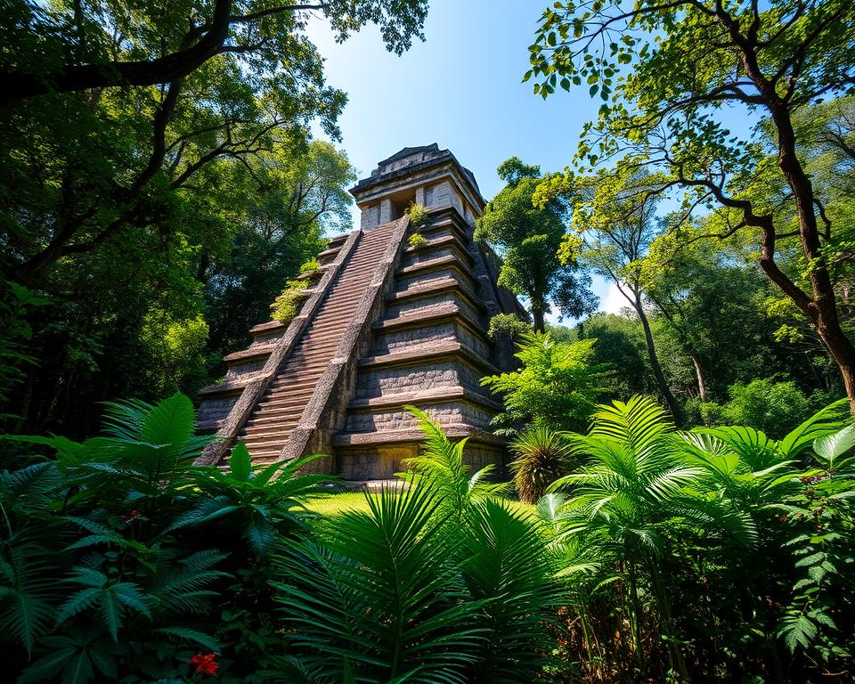 A majestic Maya temple nestled deep within the lush jungle of Palenque, surrounded by vibrant green foliage and towering trees. The ancient stone structure features intricate carvings and steep steps that rise toward a clear blue sky. Sunlight filters through the canopy, casting dappled shadows on the temple walls, highlighting the moss and vines that cling to its surface. In the foreground, rich undergrowth teems with life, while ferns and colorful flowers add a touch of vibrancy. The middle ground reveals the grandeur of the temple, evoking a sense of mystery and reverence. In the background, distant jungle foliage creates depth, enhancing the temple's isolation. The overall mood is tranquil yet awe-inspiring, inviting exploration of this historic site. Use a wide-angle lens for a panoramic view, capturing both detail and vastness. A majestic Maya temple nestled deep within the lush jungle of Palenque, surrounded by vibrant green foliage and towering trees. The ancient stone structure features intricate carvings and steep steps that rise toward a clear blue sky. Sunlight filters through the canopy, casting dappled shadows on the temple walls, highlighting the moss and vines that cling to its surface. In the foreground, rich undergrowth teems with life, while ferns and colorful flowers add a touch of vibrancy. The middle ground reveals the grandeur of the temple, evoking a sense of mystery and reverence. In the background, distant jungle foliage creates depth, enhancing the temple's isolation. The overall mood is tranquil yet awe-inspiring, inviting exploration of this historic site. Use a wide-angle lens for a panoramic view, capturing both detail and vastness.