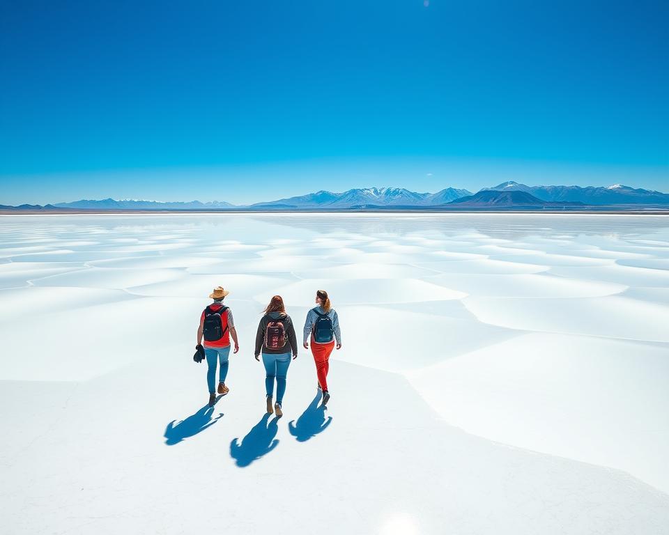 A mesmerizing view of the Uyuni Salt Flats in Bolivia, showcasing a bright, expansive landscape under a clear blue sky. In the foreground, a group of travelers in modest casual clothing are walking on the pristine salt crust, their reflections shimmering against the brilliant white surface. The middle ground features vast, undulating salt formations that create a striking geometric pattern, while the background reveals distant mountains under soft sunlight, casting gentle shadows. The lighting is bright and inviting, enhancing the ethereal quality of the scene. The overall atmosphere is one of adventure and exploration, capturing the magic and surreal beauty of the Altiplano during a tour of this unique ecosystem.