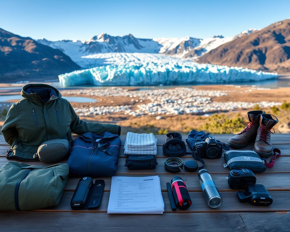 A neatly organized packing checklist spread out on a wooden table set against the backdrop of the stunning Patagonian landscape. In the foreground, items such as a waterproof jacket, thermal layers, hiking boots, a compact camera, and essential gear like a map, compass, and water bottle are meticulously arranged. The middle ground features a scenic view of the Glaciar Perito Moreno, with its majestic ice formations glistening under the soft morning light. In the background, the rugged mountains and a clear blue sky complete the scene. The mood conveys preparedness and adventure, ideal for travelers gearing up for an exploration of Patagonia's breathtaking wilderness. Use soft, natural lighting to enhance the serene atmosphere, captured at a slight angle for depth. A neatly organized packing checklist spread out on a wooden table set against the backdrop of the stunning Patagonian landscape. In the foreground, items such as a waterproof jacket, thermal layers, hiking boots, a compact camera, and essential gear like a map, compass, and water bottle are meticulously arranged. The middle ground features a scenic view of the Glaciar Perito Moreno, with its majestic ice formations glistening under the soft morning light. In the background, the rugged mountains and a clear blue sky complete the scene. The mood conveys preparedness and adventure, ideal for travelers gearing up for an exploration of Patagonia's breathtaking wilderness. Use soft, natural lighting to enhance the serene atmosphere, captured at a slight angle for depth.
