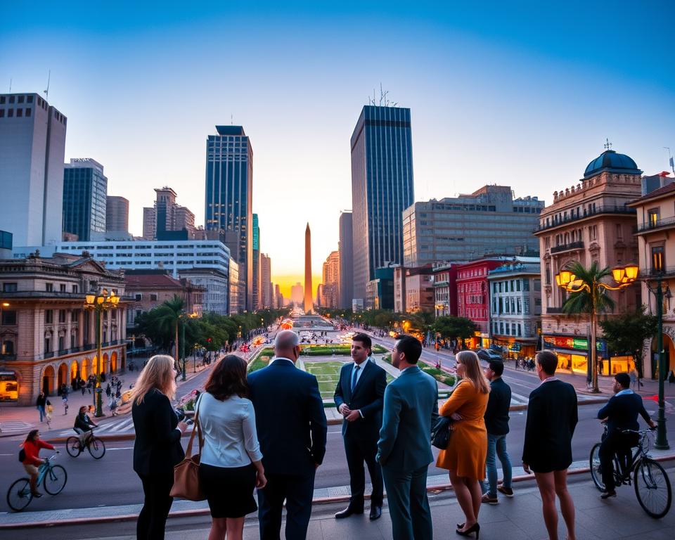A panoramic view of Buenos Aires at dusk, showcasing a vibrant urban scene with a mix of historic and modern architecture. In the foreground, a group of diverse people dressed in professional business attire are engaged in conversation, exuding confidence and approachability. The middle ground features bustling streets with pedestrians and cyclists, highlighting the city's energetic atmosphere. The background captures iconic landmarks like the Obelisco and colorful buildings of La Boca, with the sky transitioning from warm orange tones to deep blue. Soft streetlights cast a welcoming glow, enhancing the mood of safety and community. The image is framed from a slight low angle to emphasize the towering skyscrapers, creating an inspiring and optimistic ambiance, free from any distractions or additional text. A panoramic view of Buenos Aires at dusk, showcasing a vibrant urban scene with a mix of historic and modern architecture. In the foreground, a group of diverse people dressed in professional business attire are engaged in conversation, exuding confidence and approachability. The middle ground features bustling streets with pedestrians and cyclists, highlighting the city's energetic atmosphere. The background captures iconic landmarks like the Obelisco and colorful buildings of La Boca, with the sky transitioning from warm orange tones to deep blue. Soft streetlights cast a welcoming glow, enhancing the mood of safety and community. The image is framed from a slight low angle to emphasize the towering skyscrapers, creating an inspiring and optimistic ambiance, free from any distractions or additional text.