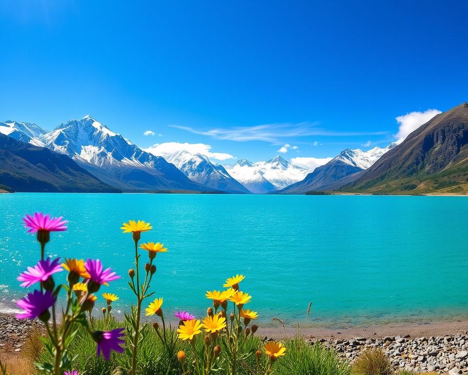 A panoramic view of Lago Nahuel Huapi in Argentina, showcasing its stunning turquoise waters surrounded by majestic snow-capped mountains under a bright blue sky. In the foreground, wildflowers in vibrant hues of purple and yellow sway gently in the breeze, adding a splash of color. The middle ground features a tranquil shoreline with pebbles and small patches of lush greenery, inviting viewers to imagine a serene escape. In the background, the towering Andes mountains rise sharply, partially veiled in wispy clouds, reflecting the sunlight. The scene is lit by warm, natural daylight, creating a cheerful and inviting atmosphere. The angle captures both the expansive lake and the imposing mountains, emphasizing the geographical significance of the region. A panoramic view of Lago Nahuel Huapi in Argentina, showcasing its stunning turquoise waters surrounded by majestic snow-capped mountains under a bright blue sky. In the foreground, wildflowers in vibrant hues of purple and yellow sway gently in the breeze, adding a splash of color. The middle ground features a tranquil shoreline with pebbles and small patches of lush greenery, inviting viewers to imagine a serene escape. In the background, the towering Andes mountains rise sharply, partially veiled in wispy clouds, reflecting the sunlight. The scene is lit by warm, natural daylight, creating a cheerful and inviting atmosphere. The angle captures both the expansive lake and the imposing mountains, emphasizing the geographical significance of the region.