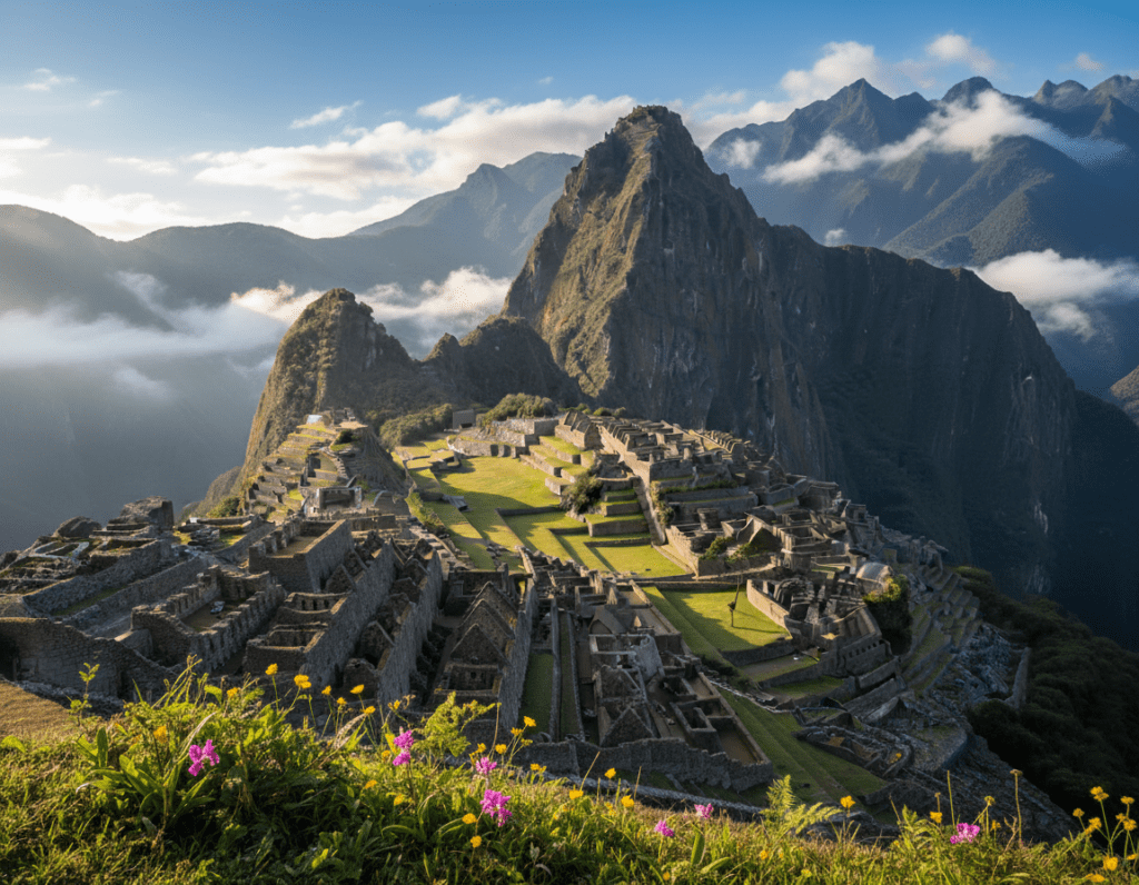 A panoramic view of Machu Picchu during early morning light, capturing the stunning Incan ruins nestled among verdant green mountains. In the foreground, lush vegetation flourishes, showcasing vibrant wildflowers in bloom, indicating the spring season. The middle ground highlights the iconic stone structures of Machu Picchu, shrouded in soft mist, offering a serene and tranquil atmosphere. The background features majestic peaks, partly clouded under a brilliant blue sky, enhanced by golden sunlight filtering through. The image should convey a sense of adventure and peace, suitable for visitors who may be sensitive to high altitudes. Captured with a wide-angle lens, the focus should be sharp, emphasizing both the ruins and the surrounding natural beauty, while maintaining a harmonious balance.