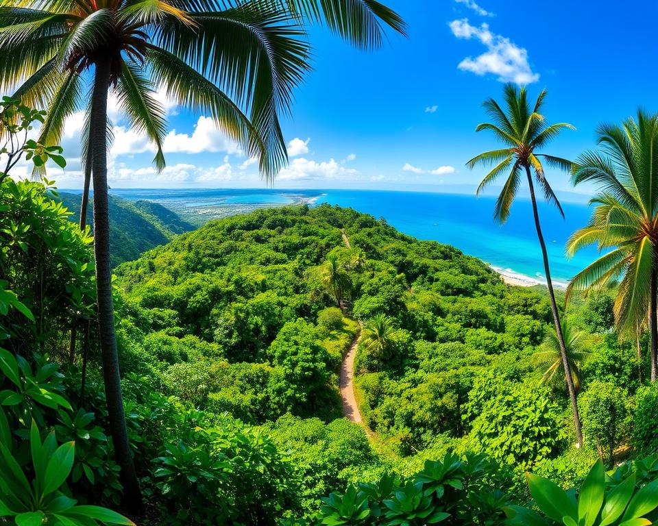 A panoramic view of Manuel Antonio National Park, showcasing a lush tropical rainforest leading to a stunning coastline. In the foreground, vibrant green foliage and tall palm trees frame the scene. The middle ground captures well-marked hiking trails winding through the dense forest, with hints of colorful wildlife peeking through the greenery. In the background, the azure Pacific Ocean glimmers under a bright blue sky, with fluffy white clouds. Soft sunlight filters through the trees, creating dappled light on the trails, evoking a sense of adventure and tranquility. The atmosphere is serene yet inviting, encouraging exploration of this breathtaking natural landscape. A panoramic view of Manuel Antonio National Park, showcasing a lush tropical rainforest leading to a stunning coastline. In the foreground, vibrant green foliage and tall palm trees frame the scene. The middle ground captures well-marked hiking trails winding through the dense forest, with hints of colorful wildlife peeking through the greenery. In the background, the azure Pacific Ocean glimmers under a bright blue sky, with fluffy white clouds. Soft sunlight filters through the trees, creating dappled light on the trails, evoking a sense of adventure and tranquility. The atmosphere is serene yet inviting, encouraging exploration of this breathtaking natural landscape.