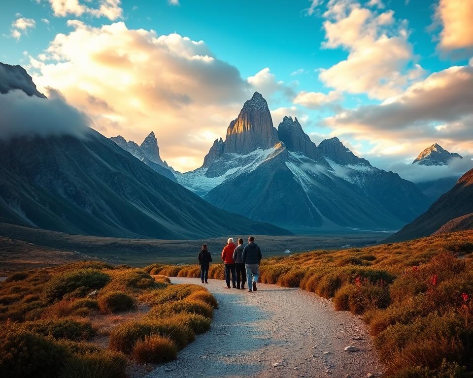 A panoramic view of Torres del Paine National Park during the golden hour, showcasing the stunning granite peaks illuminated by warm sunlight. In the foreground, a winding path lined with native flora leads towards the majestic mountains, evoking a sense of adventure and exploration. In the middle ground, a small group of well-dressed travelers pauses to admire the breathtaking scenery, capturing the essence of a journey from Germany to this remote paradise. The background features a dramatic sky filled with soft clouds, casting gentle shadows over the rugged terrain. The atmosphere is serene and inspiring, perfect for a hiking adventure, emphasizing the beauty and grandeur of nature. The scene is captured from a low angle, enhancing the towering presence of the mountains with rich colors and deep contrasts. A panoramic view of Torres del Paine National Park during the golden hour, showcasing the stunning granite peaks illuminated by warm sunlight. In the foreground, a winding path lined with native flora leads towards the majestic mountains, evoking a sense of adventure and exploration. In the middle ground, a small group of well-dressed travelers pauses to admire the breathtaking scenery, capturing the essence of a journey from Germany to this remote paradise. The background features a dramatic sky filled with soft clouds, casting gentle shadows over the rugged terrain. The atmosphere is serene and inspiring, perfect for a hiking adventure, emphasizing the beauty and grandeur of nature. The scene is captured from a low angle, enhancing the towering presence of the mountains with rich colors and deep contrasts.