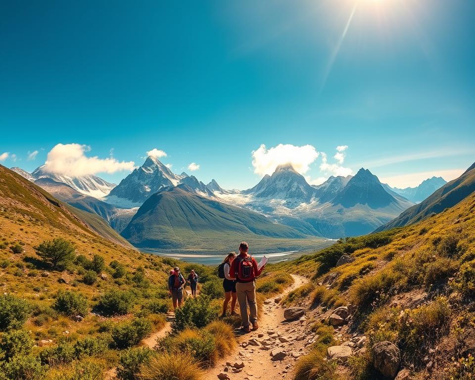 A panoramic view of Torres del Paine National Park in Chile, showcasing the dramatic granite peaks in the background under a vivid, clear blue sky. In the foreground, a rugged hiking trail winds through lush, green foliage, symbolizing safe navigation. Scattered rocks and gentle slopes merge with patches of wildflowers, enhancing the natural beauty. Wispy clouds move quickly through the scene, capturing the strong wind typical of the park. In the middle ground, a group of professional hikers in casual outdoor attire check their maps, demonstrating a focus on safety and preparedness for wildlife encounters. The image is illuminated by warm, golden sunlight, creating a serene and adventurous atmosphere. Use a wide-angle lens to capture the expansive landscape, ensuring a lively yet tranquil mood. A panoramic view of Torres del Paine National Park in Chile, showcasing the dramatic granite peaks in the background under a vivid, clear blue sky. In the foreground, a rugged hiking trail winds through lush, green foliage, symbolizing safe navigation. Scattered rocks and gentle slopes merge with patches of wildflowers, enhancing the natural beauty. Wispy clouds move quickly through the scene, capturing the strong wind typical of the park. In the middle ground, a group of professional hikers in casual outdoor attire check their maps, demonstrating a focus on safety and preparedness for wildlife encounters. The image is illuminated by warm, golden sunlight, creating a serene and adventurous atmosphere. Use a wide-angle lens to capture the expansive landscape, ensuring a lively yet tranquil mood.