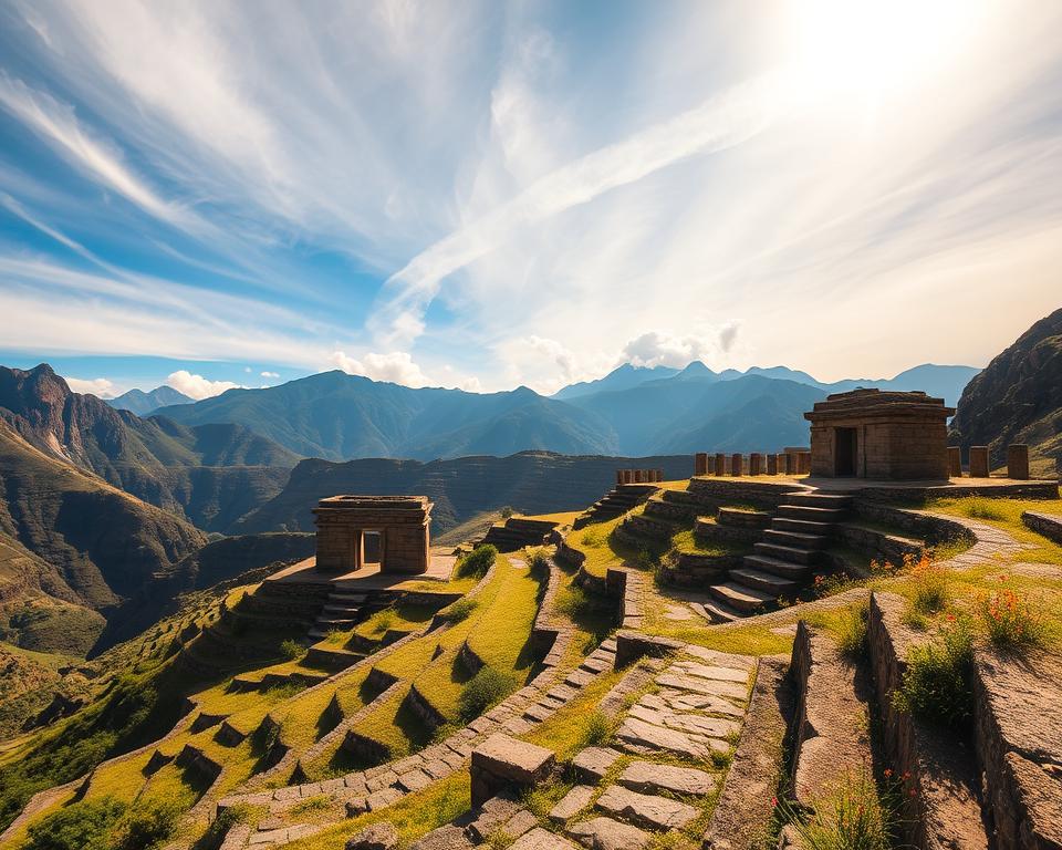 A panoramic view of ancient Andean roads, showcasing a stunning landscape dotted with rugged mountains and lush greenery. In the foreground, intricate stone pathways lead through terraced fields, reflecting the engineering prowess of the Wari and Tiwanaku civilizations. The middle ground features weathered stone structures reminiscent of ancient temples, partially covered by moss and surrounded by vibrant wildflowers. In the background, towering peaks rise under a bright blue sky streaked with soft, fluffy clouds. The scene is bathed in warm, golden sunlight, creating a serene and mystical atmosphere. Capture this rich historical essence from a slightly elevated angle, evoking a sense of discovery and connection to the ancient cultures of Peru. A panoramic view of ancient Andean roads, showcasing a stunning landscape dotted with rugged mountains and lush greenery. In the foreground, intricate stone pathways lead through terraced fields, reflecting the engineering prowess of the Wari and Tiwanaku civilizations. The middle ground features weathered stone structures reminiscent of ancient temples, partially covered by moss and surrounded by vibrant wildflowers. In the background, towering peaks rise under a bright blue sky streaked with soft, fluffy clouds. The scene is bathed in warm, golden sunlight, creating a serene and mystical atmosphere. Capture this rich historical essence from a slightly elevated angle, evoking a sense of discovery and connection to the ancient cultures of Peru.