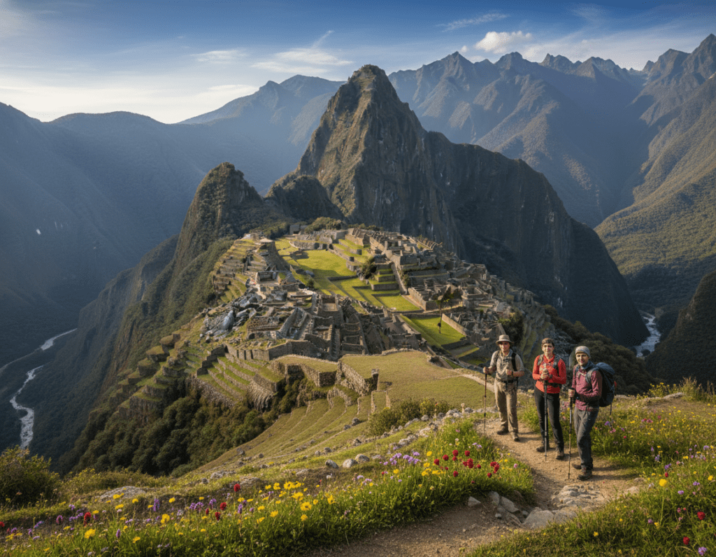 A panoramic view of the Andean mountains in Peru, showcasing several alternative trekking routes leading to Machu Picchu, designed for gentler altitude acclimatization. In the foreground, a group of hikers in modest, professional outdoor attire pauses on a grassy trail, surrounded by vibrant wildflowers. In the middle ground, a winding path meanders through diverse landscapes, including lush green valleys and rocky outcrops, illustrating the varying terrains. The background features majestic snow-capped peaks under a clear blue sky, with soft, diffused sunlight illuminating the scene, creating an inviting and serene atmosphere. The angle captures the sense of adventure and the beauty of nature, inspiring a connection to the unique experience of hiking in this stunning region.