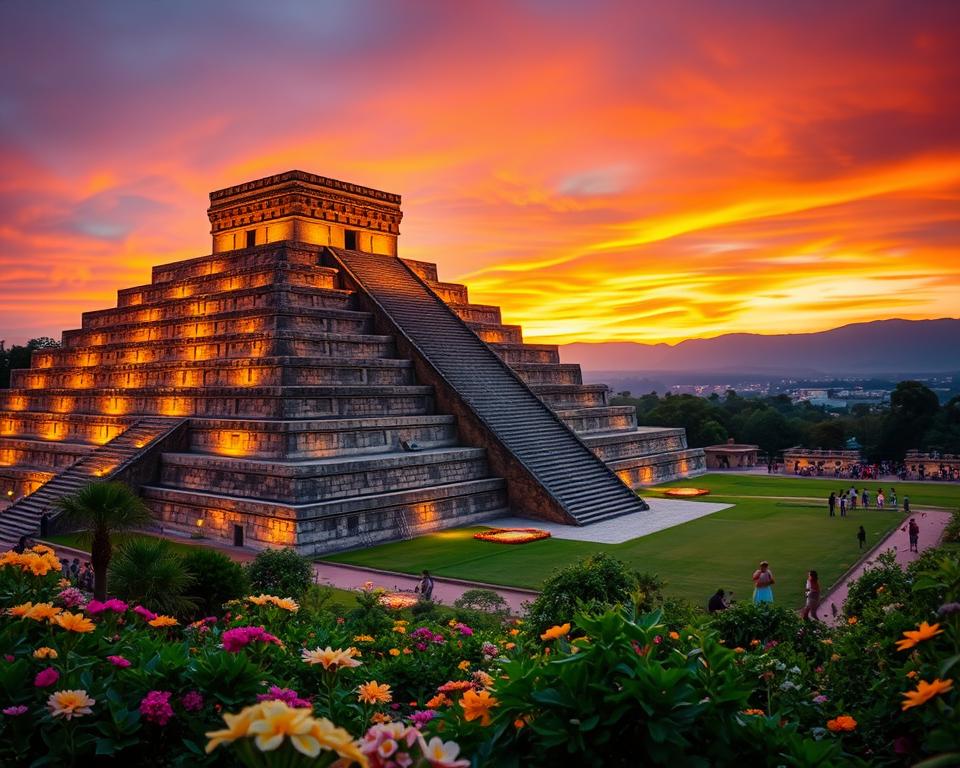 A panoramic view of the Cholula Pyramid at dusk, its ancient steps illuminated by warm golden lights to highlight the intricate stonework. In the foreground, vibrant greenery and blooming flowers surrounding the base of the pyramid create a lush atmosphere. The middle ground features local artisans in traditional attire engaged in craftwork, emphasizing the cultural significance of the area. The background reveals a breathtaking sunset sky filled with shades of orange and purple casting a peaceful glow. The scene conveys a sense of history and reverence, capturing Cholula as a sacred city and cultural hub. The image should have a soft focus effect to enhance the dreamlike quality of this historical site, with a wide-angle lens perspective to encompass the entire pyramid and its surroundings. A panoramic view of the Cholula Pyramid at dusk, its ancient steps illuminated by warm golden lights to highlight the intricate stonework. In the foreground, vibrant greenery and blooming flowers surrounding the base of the pyramid create a lush atmosphere. The middle ground features local artisans in traditional attire engaged in craftwork, emphasizing the cultural significance of the area. The background reveals a breathtaking sunset sky filled with shades of orange and purple casting a peaceful glow. The scene conveys a sense of history and reverence, capturing Cholula as a sacred city and cultural hub. The image should have a soft focus effect to enhance the dreamlike quality of this historical site, with a wide-angle lens perspective to encompass the entire pyramid and its surroundings.