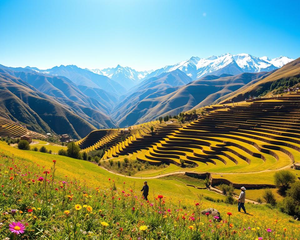 A panoramic view of the Sacred Valley, Peru during a clear, sunny day. In the foreground, vibrant green fields dotted with colorful wildflowers. In the middle ground, traditional Incan terraces showcase agricultural practices, with farmers in modest casual clothing tending to crops. In the background, majestic, snow-capped Andean mountains rise against a bright blue sky, casting soft, playful shadows. Golden sunlight illuminates the landscape, creating a warm and inviting atmosphere. The scene captures a serene and uplifting mood, emphasizing the natural beauty of the valley and the clear, refreshing weather of the Andean highlands. The image should have a wide-angle perspective, highlighting the expanse of this breathtaking region without any text or watermarks. A panoramic view of the Sacred Valley, Peru during a clear, sunny day. In the foreground, vibrant green fields dotted with colorful wildflowers. In the middle ground, traditional Incan terraces showcase agricultural practices, with farmers in modest casual clothing tending to crops. In the background, majestic, snow-capped Andean mountains rise against a bright blue sky, casting soft, playful shadows. Golden sunlight illuminates the landscape, creating a warm and inviting atmosphere. The scene captures a serene and uplifting mood, emphasizing the natural beauty of the valley and the clear, refreshing weather of the Andean highlands. The image should have a wide-angle perspective, highlighting the expanse of this breathtaking region without any text or watermarks.