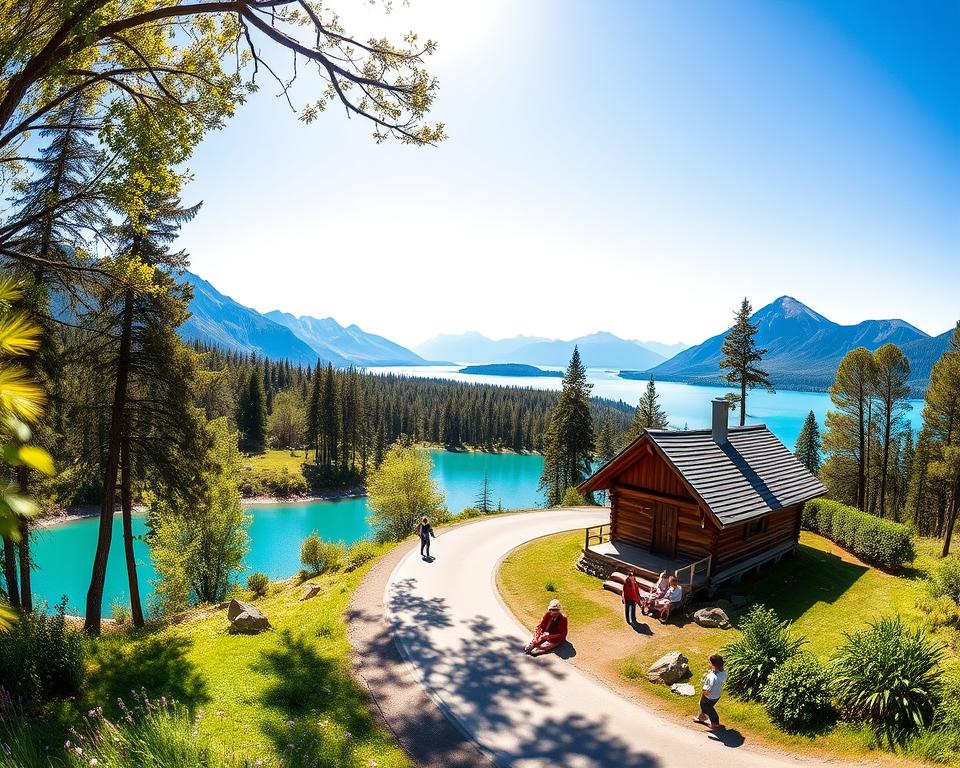 A panoramic view of the Uferstraße Panoramaroute along the stunning Nahuel Huapi Lake in Argentina, showcasing lush green forests and towering mountains in the background under a clear blue sky. In the foreground, a winding road curves along the vibrant turquoise waters, enhanced by blooming wildflowers and scattered rocks. The middle ground features a quaint wooden cabin, nestled amongst the trees, with a family enjoying a picnic, dressed in modest casual clothing. Soft sunlight filters through the leaves, creating dappled patterns on the ground, evoking a warm, inviting atmosphere. Capture this scene with a wide-angle lens to emphasize the expansive landscape, rich colors, and tranquil mood of this picturesque region, perfect for appreciating nature's beauty. A panoramic view of the Uferstraße Panoramaroute along the stunning Nahuel Huapi Lake in Argentina, showcasing lush green forests and towering mountains in the background under a clear blue sky. In the foreground, a winding road curves along the vibrant turquoise waters, enhanced by blooming wildflowers and scattered rocks. The middle ground features a quaint wooden cabin, nestled amongst the trees, with a family enjoying a picnic, dressed in modest casual clothing. Soft sunlight filters through the leaves, creating dappled patterns on the ground, evoking a warm, inviting atmosphere. Capture this scene with a wide-angle lens to emphasize the expansive landscape, rich colors, and tranquil mood of this picturesque region, perfect for appreciating nature's beauty.