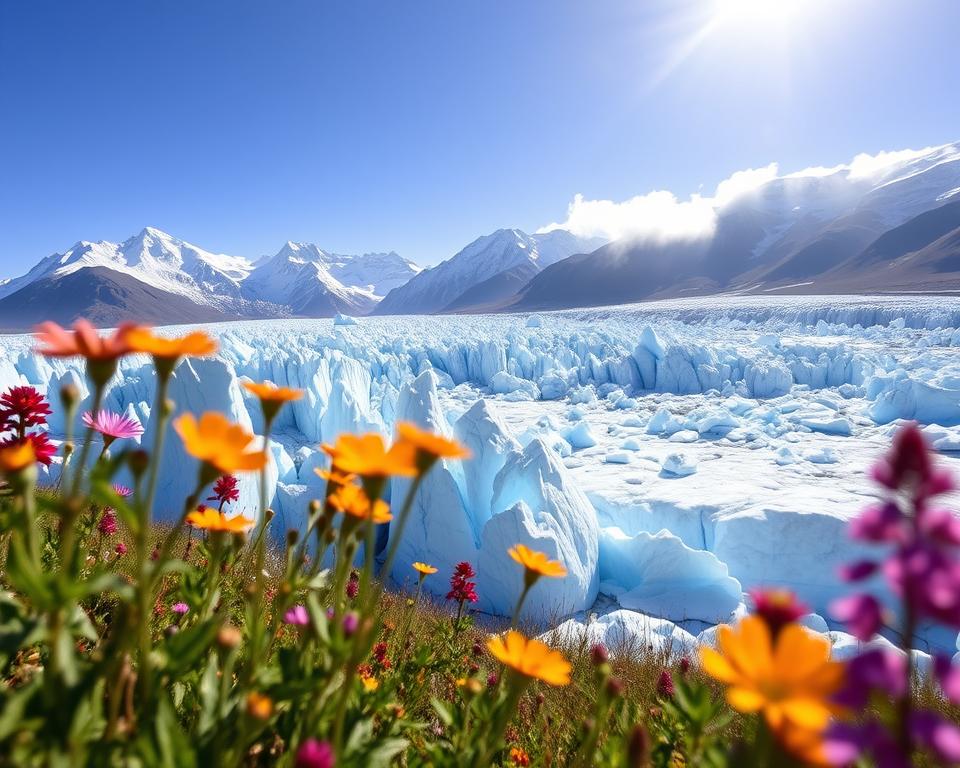 A panoramic view of the Wind Perito Moreno glacier in Argentina, captured on a clear day. In the foreground, vibrant wildflowers sway in the breeze, contrasting with the icy blue and white hues of the glacier. In the middle ground, the towering ice formations of the glacier glisten under bright sunlight, exhibiting intricate patterns and textures. The background showcases the dramatic peaks of the Andes, shrouded in a light mist, creating a sense of depth. The scene is illuminated by soft, natural daylight, enhancing the clarity of the ice and capturing the raw beauty of the landscape. The overall mood is serene yet powerful, evoking the majesty of nature. A panoramic view of the Wind Perito Moreno glacier in Argentina, captured on a clear day. In the foreground, vibrant wildflowers sway in the breeze, contrasting with the icy blue and white hues of the glacier. In the middle ground, the towering ice formations of the glacier glisten under bright sunlight, exhibiting intricate patterns and textures. The background showcases the dramatic peaks of the Andes, shrouded in a light mist, creating a sense of depth. The scene is illuminated by soft, natural daylight, enhancing the clarity of the ice and capturing the raw beauty of the landscape. The overall mood is serene yet powerful, evoking the majesty of nature.