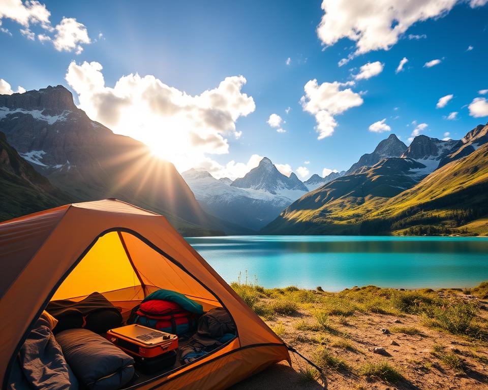 A picturesque campsite in Torres del Paine National Park, featuring a cozy tent set against the backdrop of towering granite peaks and lush green valleys. In the foreground, the tent is adorned with camping gear—sleeping bags, a small portable stove, and colorful backpacks. The middle ground captures a tranquil turquoise lake, reflecting the stunning mountains, with a few wildflowers blooming along the shore. In the background, the iconic peaks of Torres del Paine rise majestically into a vivid blue sky dotted with fluffy white clouds. The warm, golden light of a setting sun bathes the scene, creating a serene and inviting atmosphere. The image evokes a sense of adventure and tranquility in nature, perfect for camping enthusiasts. A picturesque campsite in Torres del Paine National Park, featuring a cozy tent set against the backdrop of towering granite peaks and lush green valleys. In the foreground, the tent is adorned with camping gear—sleeping bags, a small portable stove, and colorful backpacks. The middle ground captures a tranquil turquoise lake, reflecting the stunning mountains, with a few wildflowers blooming along the shore. In the background, the iconic peaks of Torres del Paine rise majestically into a vivid blue sky dotted with fluffy white clouds. The warm, golden light of a setting sun bathes the scene, creating a serene and inviting atmosphere. The image evokes a sense of adventure and tranquility in nature, perfect for camping enthusiasts.
