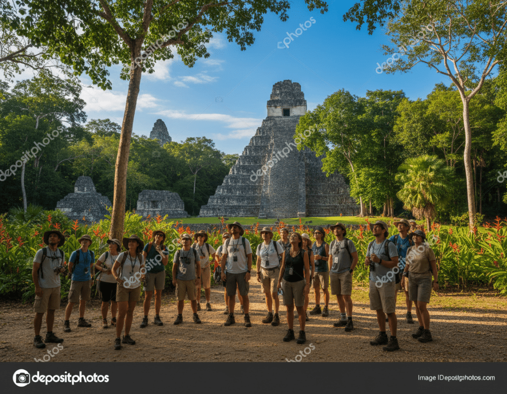 A picturesque scene depicting Tikal, Guatemala, showing its iconic Maya temple rising majestically from the dense jungle under a bright blue sky. In the foreground, a diverse group of tourists in modest, casual clothing, engaged in a guided tour, their faces reflecting curiosity and excitement. The middle ground features lush greenery with vibrant jungle foliage, including tropical flowers and tall trees. In the background, ancient stone structures of Tikal are partially hidden by the dense canopy, revealing an aura of mystery. The lighting is warm and bright, capturing the essence of daylight filtering through the leaves, creating dappled patterns on the ground. The mood is adventurous and informative, inviting viewers to explore the rich history of this ancient city.