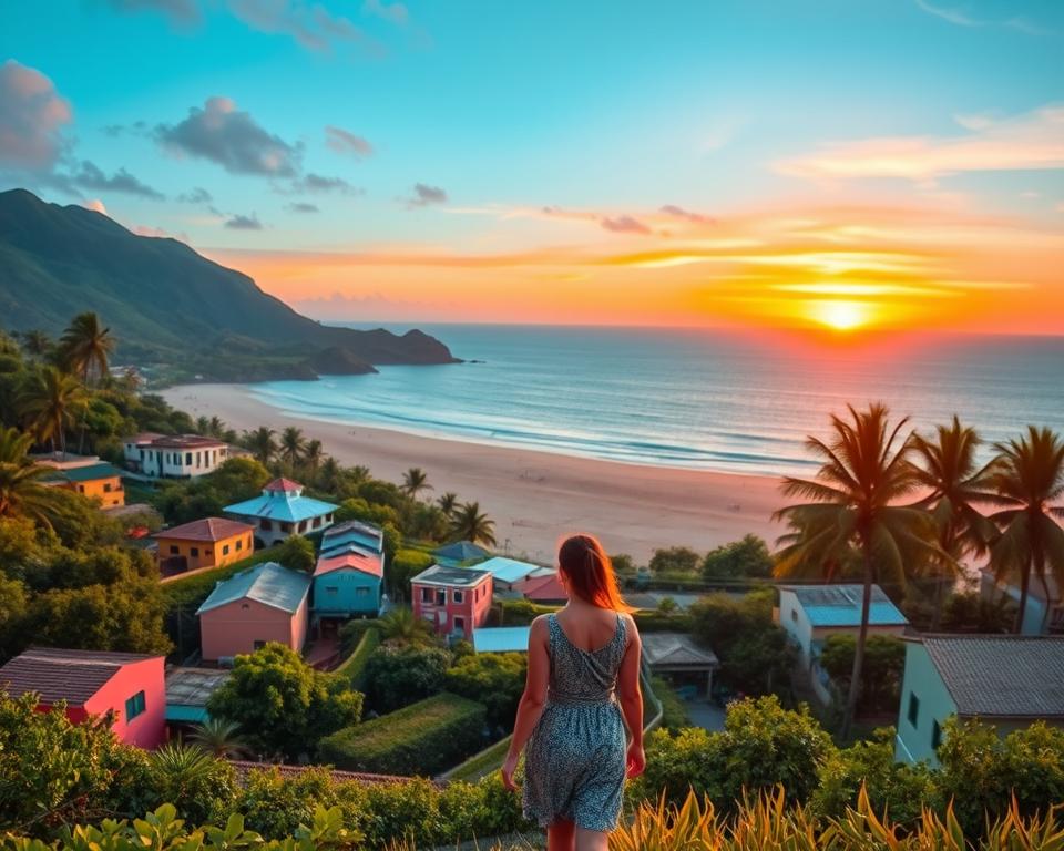 A picturesque scene depicting a scenic journey through Mexico, featuring lush green hills and vibrant tropical landscapes in the foreground. A couple, dressed in modest casual clothing, explore a quaint village known for its colorful buildings and artisan crafts. In the middle ground, a serene beach stretches into the distance, with soft, golden sand and calm azure waters inviting visitors to relax. The background showcases a majestic sunset, casting warm orange and pink hues across the sky, with palm trees silhouetted against the colorful backdrop. The atmosphere is peaceful and inviting, capturing the essence of adventure and leisure in Mexico. The image should be bright and well-lit, creating a sense of warmth and wanderlust.