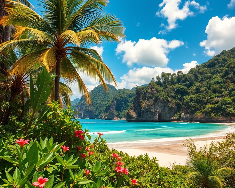A picturesque scene of the Tayrona National Natural Park, depicting lush green vegetation with tropical palm trees and vibrant flowers in the foreground. In the middle ground, create a serene beach with soft white sand and gentle waves lapping at the shore, leading to stunning turquoise waters. The background should feature dramatic cliffs and dense jungle, under a clear blue sky with scattered fluffy clouds, conveying a sense of tranquility and adventure. Use warm, natural lighting to enhance the colors and details, captured from a low angle to provide depth and perspective. The mood should be inviting and peaceful, perfect for illustrating a travel guide section on budget and costs. A picturesque scene of the Tayrona National Natural Park, depicting lush green vegetation with tropical palm trees and vibrant flowers in the foreground. In the middle ground, create a serene beach with soft white sand and gentle waves lapping at the shore, leading to stunning turquoise waters. The background should feature dramatic cliffs and dense jungle, under a clear blue sky with scattered fluffy clouds, conveying a sense of tranquility and adventure. Use warm, natural lighting to enhance the colors and details, captured from a low angle to provide depth and perspective. The mood should be inviting and peaceful, perfect for illustrating a travel guide section on budget and costs.