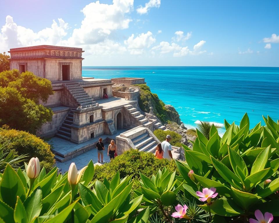 A picturesque scene of the Tulum Ruins, showcasing ancient Mayan architecture against a vibrant blue sky. In the foreground, lush green vegetation with tropical plants and flowers complements the historical structures. The middle layer features the iconic stone temples, intricately carved and weathered by time, surrounded by visitors in modest casual clothing, exploring and taking photographs. In the background, the azure sea glimmers under a warm sun, adding a tranquil yet adventurous atmosphere. The lighting is bright and sunny, emphasizing the textures of the stone and foliage, captured from a slightly elevated angle to offer a comprehensive view of both the ruins and the dramatic coastal setting. The overall mood should feel serene yet vibrant, inviting travelers to experience this historic site stress-free. A picturesque scene of the Tulum Ruins, showcasing ancient Mayan architecture against a vibrant blue sky. In the foreground, lush green vegetation with tropical plants and flowers complements the historical structures. The middle layer features the iconic stone temples, intricately carved and weathered by time, surrounded by visitors in modest casual clothing, exploring and taking photographs. In the background, the azure sea glimmers under a warm sun, adding a tranquil yet adventurous atmosphere. The lighting is bright and sunny, emphasizing the textures of the stone and foliage, captured from a slightly elevated angle to offer a comprehensive view of both the ruins and the dramatic coastal setting. The overall mood should feel serene yet vibrant, inviting travelers to experience this historic site stress-free.