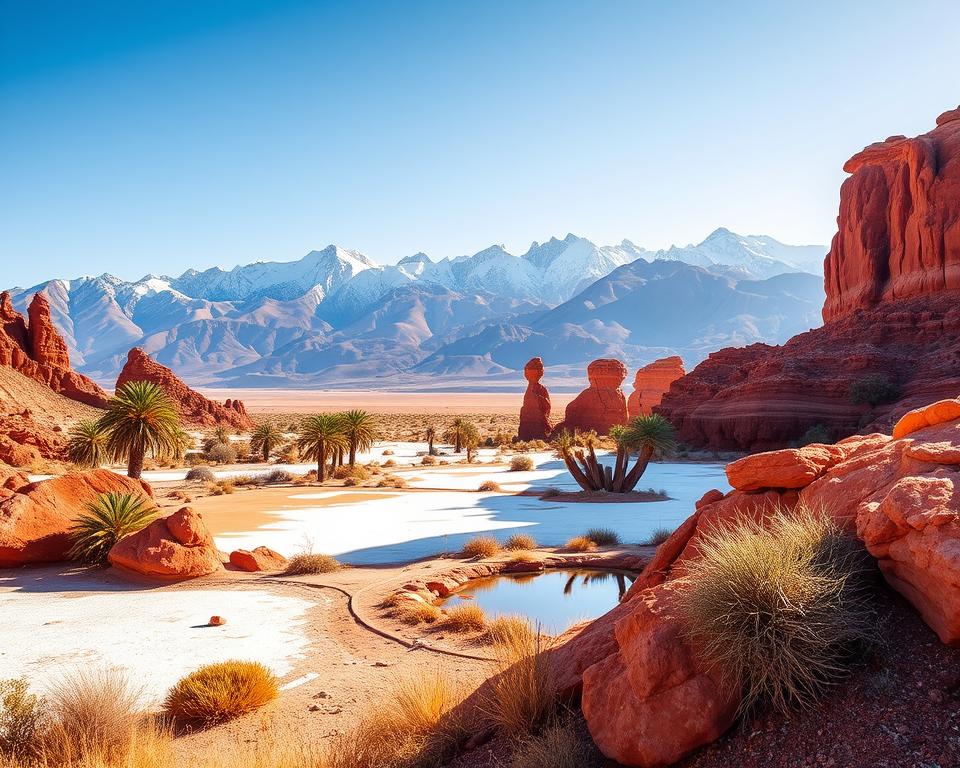 A picturesque scene showcasing the stunning attractions around San Pedro de Atacama, highlighting the dramatic landscape of the Andes mountains in the background, with their jagged peaks dusted in snow. In the foreground, vibrant patches of salt flats and vivid red rock formations create a striking contrast, while a serene desert oasis flourishes with lush palm trees and a small reflective pond. The midground features ancient geological formations, like the Valle de la Luna, carved by wind and water. The sunlight casts warm golden hues across the scene, creating a tranquil, inviting atmosphere. Capture this breathtaking vista from a slightly elevated angle, emphasizing the expansive beauty of the region without any text or watermarks, inviting viewers to explore and appreciate this unique destination.
