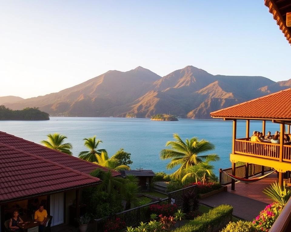 A picturesque view of Hotels Lago Atitlán, showcasing a serene lakeside setting with stunning volcanic mountains in the background. In the foreground, a charming hotel with traditional Guatemalan architecture, featuring terracotta roofs, wooden balconies, and lush gardens filled with vibrant tropical flowers. The middle ground displays guests enjoying leisurely activities such as sipping coffee on the terrace and relaxing in hammocks. The background highlights the tranquil waters of Lago Atitlán, reflecting the clear blue sky at golden hour, with soft, warm lighting casting a serene glow over the scene. Capture the essence of peaceful luxury in an inviting atmosphere, creating a sense of wonder and tranquility. A picturesque view of Hotels Lago Atitlán, showcasing a serene lakeside setting with stunning volcanic mountains in the background. In the foreground, a charming hotel with traditional Guatemalan architecture, featuring terracotta roofs, wooden balconies, and lush gardens filled with vibrant tropical flowers. The middle ground displays guests enjoying leisurely activities such as sipping coffee on the terrace and relaxing in hammocks. The background highlights the tranquil waters of Lago Atitlán, reflecting the clear blue sky at golden hour, with soft, warm lighting casting a serene glow over the scene. Capture the essence of peaceful luxury in an inviting atmosphere, creating a sense of wonder and tranquility.