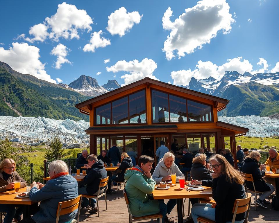 A picturesque view of a cafeteria nestled in the heart of a national park, surrounded by stunning glacial landscapes. In the foreground, tables with visitors enjoying warm beverages and local cuisine, dressed in casual outdoor attire. The middle ground features a charming wooden structure with large windows, displaying the vibrant colors of dishes and drinks being served. Lush greenery and rugged mountains form the background, under a bright blue sky with fluffy white clouds. Warm sunlight bathes the scene, creating an inviting atmosphere. The angle captures the openness of the park and the warmth of the cafeteria, emphasizing a sense of community and relaxation amidst nature's grandeur. A picturesque view of a cafeteria nestled in the heart of a national park, surrounded by stunning glacial landscapes. In the foreground, tables with visitors enjoying warm beverages and local cuisine, dressed in casual outdoor attire. The middle ground features a charming wooden structure with large windows, displaying the vibrant colors of dishes and drinks being served. Lush greenery and rugged mountains form the background, under a bright blue sky with fluffy white clouds. Warm sunlight bathes the scene, creating an inviting atmosphere. The angle captures the openness of the park and the warmth of the cafeteria, emphasizing a sense of community and relaxation amidst nature's grandeur.