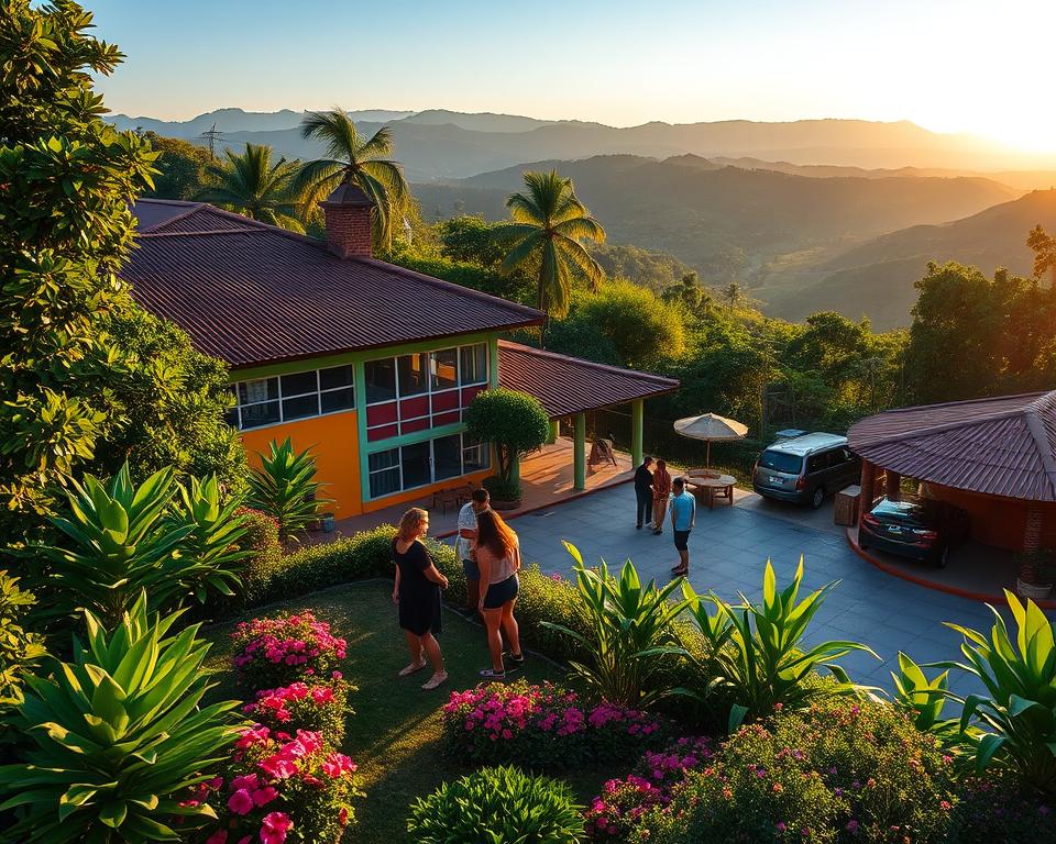 A picturesque view of a safe and inviting accommodation in Honduras, showcasing a charming small hotel or hostel nestled amidst lush greenery. In the foreground, a well-maintained garden with vibrant tropical flowers and a welcoming patio area, where guests in modest casual clothing relax. The middle ground features the hotel building with colorful vibrant architecture typical of Honduras, large windows, and a bright entrance. In the background, stunning views of rolling hills and a clear blue sky, illuminated by soft, warm sunlight during the golden hour, casting gentle shadows. The atmosphere exudes tranquility and safety, reflecting a perfect choice for travelers seeking secure overnight options in Honduras. A picturesque view of a safe and inviting accommodation in Honduras, showcasing a charming small hotel or hostel nestled amidst lush greenery. In the foreground, a well-maintained garden with vibrant tropical flowers and a welcoming patio area, where guests in modest casual clothing relax. The middle ground features the hotel building with colorful vibrant architecture typical of Honduras, large windows, and a bright entrance. In the background, stunning views of rolling hills and a clear blue sky, illuminated by soft, warm sunlight during the golden hour, casting gentle shadows. The atmosphere exudes tranquility and safety, reflecting a perfect choice for travelers seeking secure overnight options in Honduras.
