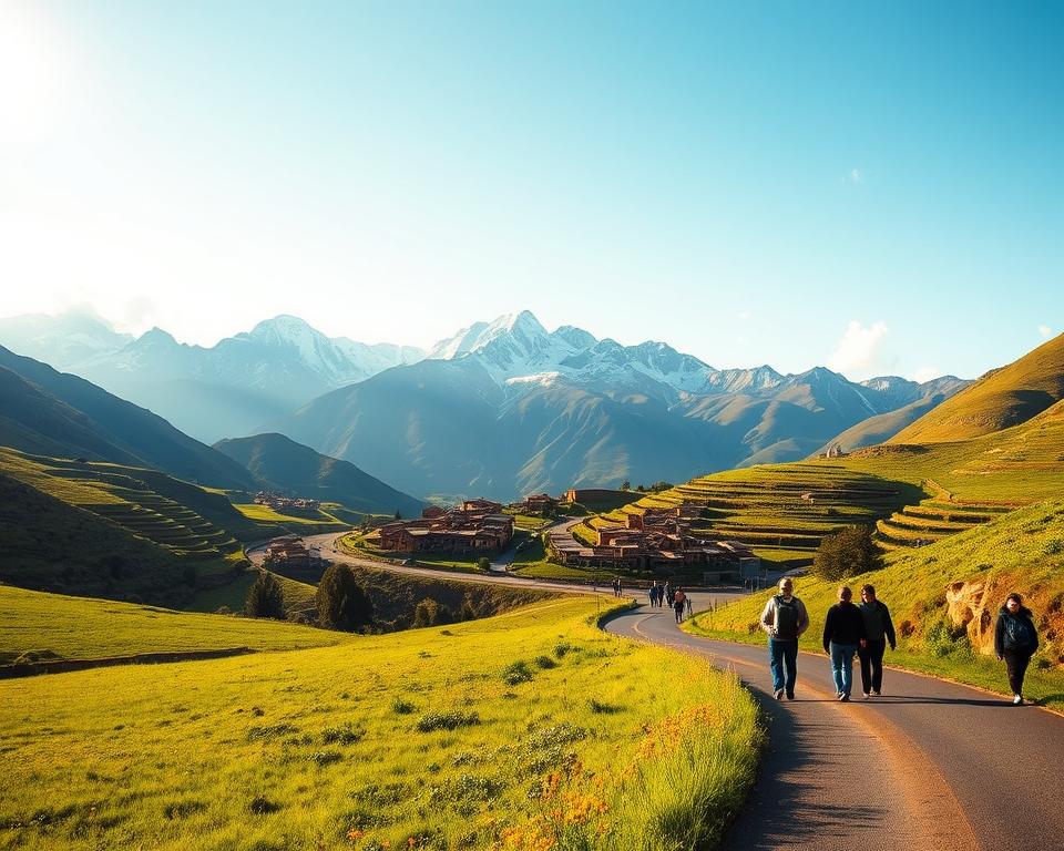 A picturesque view of the Sacred Valley in Peru, focusing on the journey from Cusco to the valley. In the foreground, a winding road cuts through lush green fields, with vibrant wildflowers dotting the landscape. A small group of travelers, dressed in casual, modest clothing, enjoys the scenery. In the middle ground, traditional Andean villages with adobe houses, surrounded by terraced fields, showcase the local culture. The majestic Andes mountains rise prominently in the background, their peaks capped with snow, bathed in the warm golden light of early morning. The sky is clear with soft clouds, creating an uplifting and adventurous atmosphere that invites exploration. Capture the scene from a slightly elevated angle, emphasizing the depth of the valley and the journey ahead. A picturesque view of the Sacred Valley in Peru, focusing on the journey from Cusco to the valley. In the foreground, a winding road cuts through lush green fields, with vibrant wildflowers dotting the landscape. A small group of travelers, dressed in casual, modest clothing, enjoys the scenery. In the middle ground, traditional Andean villages with adobe houses, surrounded by terraced fields, showcase the local culture. The majestic Andes mountains rise prominently in the background, their peaks capped with snow, bathed in the warm golden light of early morning. The sky is clear with soft clouds, creating an uplifting and adventurous atmosphere that invites exploration. Capture the scene from a slightly elevated angle, emphasizing the depth of the valley and the journey ahead.