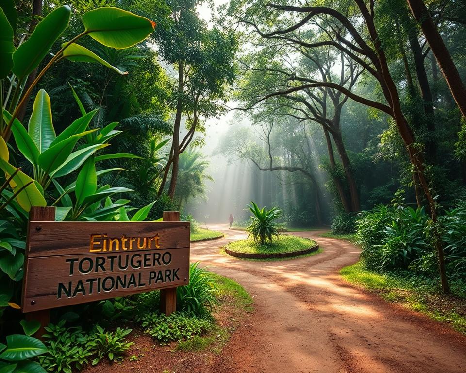 A picturesque view of the entrance to Tortuguero National Park in Costa Rica, showcasing a vibrant, lush landscape. In the foreground, a rustic wooden sign reading "Eintritt Tortuguero Nationalpark" stands prominently, surrounded by healthy green foliage and tropical plants. The middle ground features winding dirt paths that invite exploration, flanked by dense jungle undergrowth with hints of exotic birds and small animals peeking through. The background reveals a canopy of towering trees, their leaves filtering sunlight that creates a warm, inviting glow. A soft mist lingers in the air, enhancing the sense of adventure and tranquility. Capture this scene in natural daylight using a wide-angle lens to add depth and immerse viewers in the serene beauty of the park's entrance, evoking a sense of anticipation and wonder for visitors. A picturesque view of the entrance to Tortuguero National Park in Costa Rica, showcasing a vibrant, lush landscape. In the foreground, a rustic wooden sign reading "Eintritt Tortuguero Nationalpark" stands prominently, surrounded by healthy green foliage and tropical plants. The middle ground features winding dirt paths that invite exploration, flanked by dense jungle undergrowth with hints of exotic birds and small animals peeking through. The background reveals a canopy of towering trees, their leaves filtering sunlight that creates a warm, inviting glow. A soft mist lingers in the air, enhancing the sense of adventure and tranquility. Capture this scene in natural daylight using a wide-angle lens to add depth and immerse viewers in the serene beauty of the park's entrance, evoking a sense of anticipation and wonder for visitors.