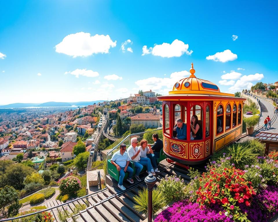 A picturesque view of the iconic Ascensores Valparaíso, featuring vibrant, colorful funiculars climbing the steep hills of Valparaíso, Chile. In the foreground, one funicular carriage is mid-ascent, with passengers enjoying the ride, dressed in casual clothing, capturing the joy of the experience. The middle ground showcases the intricate details of the funicular station with its charming architecture, surrounded by lush gardens and blooming flowers, radiating the essence of Valparaíso's unique character. In the background, panoramic views of the city's colorful houses dotting the hillside, against a bright blue sky with fluffy white clouds. The lighting is warm and inviting, suggesting a sunny afternoon, enhancing the cheerful atmosphere of this vibrant location.