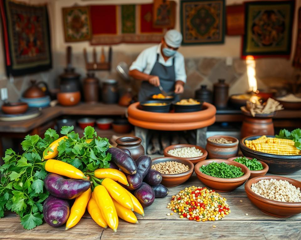A rustic Peruvian kitchen scene showcasing the fundamentals of Peruvian cuisine. In the foreground, a wooden table piled with fresh ingredients: vibrant yellow aji amarillo peppers, deep purple potatoes, and a bunch of green cilantro. A variety of ceramic bowls display quinoa, cooked corn, and colorful spices. The middle ground features a traditional clay stove with pots simmering, a chef in modest casual clothing expertly preparing a dish, their focus reflecting passion for Peruvian flavors. In the background, the walls adorned with handmade textiles and art representing different Peruvian regions. The lighting is warm and inviting, casting soft shadows, creating a cozy atmosphere that highlights the rich culinary heritage of Peru. A rustic Peruvian kitchen scene showcasing the fundamentals of Peruvian cuisine. In the foreground, a wooden table piled with fresh ingredients: vibrant yellow aji amarillo peppers, deep purple potatoes, and a bunch of green cilantro. A variety of ceramic bowls display quinoa, cooked corn, and colorful spices. The middle ground features a traditional clay stove with pots simmering, a chef in modest casual clothing expertly preparing a dish, their focus reflecting passion for Peruvian flavors. In the background, the walls adorned with handmade textiles and art representing different Peruvian regions. The lighting is warm and inviting, casting soft shadows, creating a cozy atmosphere that highlights the rich culinary heritage of Peru.