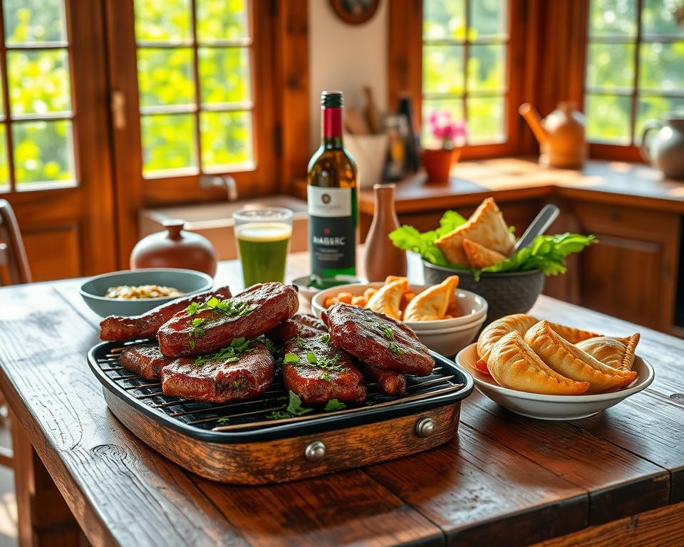 A rustic wooden table set in a vibrant, sunlit kitchen, displaying a colorful assortment of traditional Argentinian specialties. In the foreground, a sizzling platter of perfectly cooked Argentine asado, featuring ribs and sausages, garnished with chimichurri sauce. Beside it, a bowl of fresh empanadas bursting with savory fillings and a side of chimichurri. The middle ground features a bottle of Malbec wine and a traditional mate gourd paired with a bombilla, while a backdrop of lush greenery is visible through a large window, casting soft, natural light across the scene. The atmosphere is warm and inviting, evoking a sense of home and culinary adventure. A rustic wooden table set in a vibrant, sunlit kitchen, displaying a colorful assortment of traditional Argentinian specialties. In the foreground, a sizzling platter of perfectly cooked Argentine asado, featuring ribs and sausages, garnished with chimichurri sauce. Beside it, a bowl of fresh empanadas bursting with savory fillings and a side of chimichurri. The middle ground features a bottle of Malbec wine and a traditional mate gourd paired with a bombilla, while a backdrop of lush greenery is visible through a large window, casting soft, natural light across the scene. The atmosphere is warm and inviting, evoking a sense of home and culinary adventure.