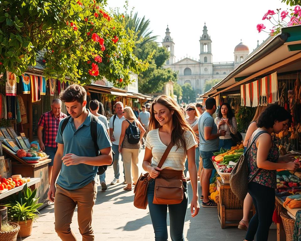 A safe and serene travel scene in Mexico showcasing a group of diverse travelers exploring a vibrant market in a sunny village. In the foreground, a couple of travelers dressed in casual, comfortable clothing are interacting with local vendors, examining colorful crafts and fresh produce. The middle ground features other tourists enjoying the ambiance, with traditional stalls adorned with vibrant textiles and handcrafted goods. Lush greenery and bright flowers can be seen in the background, along with a glimpse of a historic church or landmark. The lighting is warm and inviting, reminiscent of a sunny afternoon, casting soft shadows. The mood conveys relaxation and safety, highlighting a thoughtful and engaging travel experience in Mexico. No text or logos.