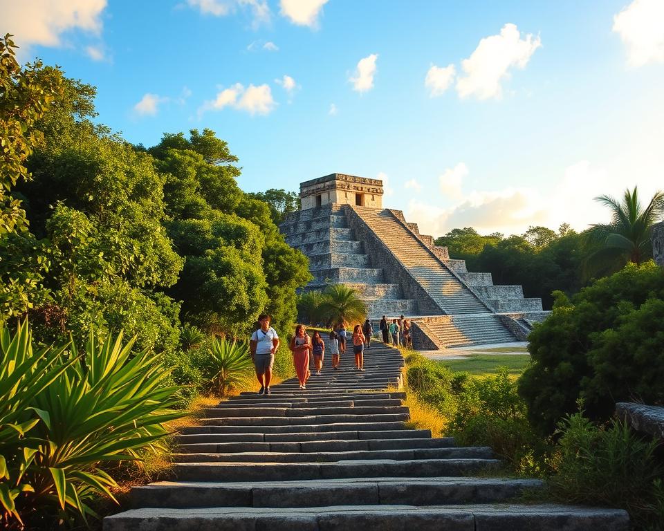 A scenic approach to the Tulum Ruins, capturing the essence of an archaeological site surrounded by lush jungle greenery. In the foreground, a winding pathway leads visitors with well-defined steps, flanked by tropical plants and indigenous wildlife. The middle ground showcases the majestic stone structures of the ruins, featuring pyramids and temples shimmering in the warm sunlight, hinting at their historical significance. The background fades into a clear blue sky, dotted with soft clouds, conveying a serene atmosphere. The scene is bathed in golden hour lighting, enhancing the textures of the ancient stone and foliage. A subtle hint of tourists in modest casual clothing can be seen in the distance, exploring the site respectfully, adding to the lively yet serene ambiance of the archaeological zone. A scenic approach to the Tulum Ruins, capturing the essence of an archaeological site surrounded by lush jungle greenery. In the foreground, a winding pathway leads visitors with well-defined steps, flanked by tropical plants and indigenous wildlife. The middle ground showcases the majestic stone structures of the ruins, featuring pyramids and temples shimmering in the warm sunlight, hinting at their historical significance. The background fades into a clear blue sky, dotted with soft clouds, conveying a serene atmosphere. The scene is bathed in golden hour lighting, enhancing the textures of the ancient stone and foliage. A subtle hint of tourists in modest casual clothing can be seen in the distance, exploring the site respectfully, adding to the lively yet serene ambiance of the archaeological zone.