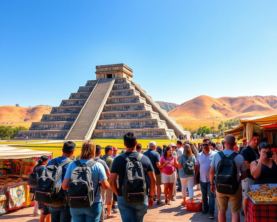 A scenic depiction of a budget-friendly travel scene in Mexico, centered around the majestic Cholula Pyramid. In the foreground, a diverse group of travelers in modest casual clothing with backpacks and cameras, admiring the pyramid, which is richly detailed with its layered architecture. The middle ground should show vibrant local markets with colorful stalls selling handicrafts and traditional foods, while cheerful locals engage with visitors. The background features a clear blue sky and the pyramid against rolling hills, bathed in warm, golden sunlight, reflecting the welcoming atmosphere of Mexican culture. The image should evoke a sense of adventure and exploration, with a focus on cultural engagement and budget-friendly experiences. Use a wide-angle lens to capture the dynamic environment. A scenic depiction of a budget-friendly travel scene in Mexico, centered around the majestic Cholula Pyramid. In the foreground, a diverse group of travelers in modest casual clothing with backpacks and cameras, admiring the pyramid, which is richly detailed with its layered architecture. The middle ground should show vibrant local markets with colorful stalls selling handicrafts and traditional foods, while cheerful locals engage with visitors. The background features a clear blue sky and the pyramid against rolling hills, bathed in warm, golden sunlight, reflecting the welcoming atmosphere of Mexican culture. The image should evoke a sense of adventure and exploration, with a focus on cultural engagement and budget-friendly experiences. Use a wide-angle lens to capture the dynamic environment.