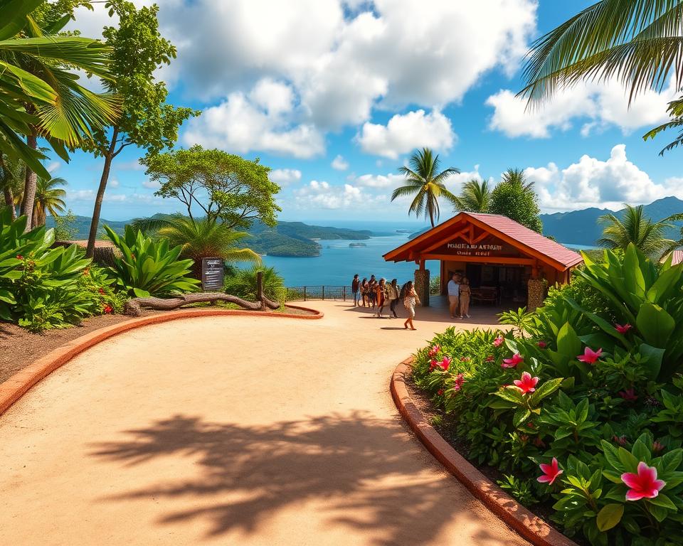 A scenic view capturing the essence of arriving at Manuel Antonio National Park, framed in a vibrant, tropical landscape. In the foreground, a curved, sandy path leads the viewer towards a lush, green entrance lined with native Costa Rican flora—bold green leaves, colorful tropical flowers, and perhaps a few playful monkeys observed in the trees. In the midground, a glimpse of a welcoming visitor center with warm wooden accents can be seen, bustling with tourists in modest casual clothing. The background features a panoramic vista of rolling hills and the shimmering Pacific Ocean under a bright blue sky dotted with fluffy white clouds. The scene is bathed in warm, natural lighting, suggesting midday, creating a bright and inviting atmosphere. The angle is slightly elevated to embrace the sweeping beauty of the surroundings. A scenic view capturing the essence of arriving at Manuel Antonio National Park, framed in a vibrant, tropical landscape. In the foreground, a curved, sandy path leads the viewer towards a lush, green entrance lined with native Costa Rican flora—bold green leaves, colorful tropical flowers, and perhaps a few playful monkeys observed in the trees. In the midground, a glimpse of a welcoming visitor center with warm wooden accents can be seen, bustling with tourists in modest casual clothing. The background features a panoramic vista of rolling hills and the shimmering Pacific Ocean under a bright blue sky dotted with fluffy white clouds. The scene is bathed in warm, natural lighting, suggesting midday, creating a bright and inviting atmosphere. The angle is slightly elevated to embrace the sweeping beauty of the surroundings.