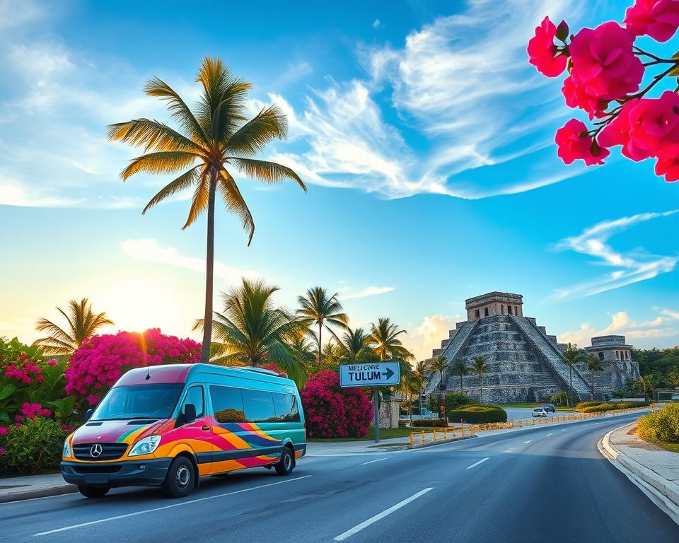 A scenic view depicting a transfer journey from Cancún to Tulum. In the foreground, a modern shuttle van, painted in vibrant colors, parked along a lush roadside lined with tropical palm trees and vibrant bougainvillea. In the middle ground, a welcoming road sign points towards Tulum, with traditional Mayan architecture subtly visible in the distance. The background features a clear blue sky with wispy clouds and hints of a sun setting, casting warm golden light over the scene. The atmosphere is lively yet tranquil, inviting adventure, as if capturing the excitement of travelers ready to explore. The composition should include ample depth and a wide angle to enhance the journey's essence. A scenic view depicting a transfer journey from Cancún to Tulum. In the foreground, a modern shuttle van, painted in vibrant colors, parked along a lush roadside lined with tropical palm trees and vibrant bougainvillea. In the middle ground, a welcoming road sign points towards Tulum, with traditional Mayan architecture subtly visible in the distance. The background features a clear blue sky with wispy clouds and hints of a sun setting, casting warm golden light over the scene. The atmosphere is lively yet tranquil, inviting adventure, as if capturing the excitement of travelers ready to explore. The composition should include ample depth and a wide angle to enhance the journey's essence.