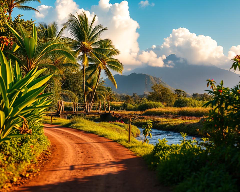 A scenic view depicting the journey to Montezuma, Costa Rica. In the foreground, a winding dirt road with vibrant green foliage lining the sides, showcasing tropical plants and palm trees. In the middle ground, a small, rustic wooden bridge crossing a gentle stream, with colorful flowers dotting the landscape. The background features the majestic mountains of the Nicoya Peninsula, partially obscured by fluffy white clouds and hints of a bright blue sky. The lighting is soft and warm, suggesting either early morning or late afternoon, casting gentle shadows across the scene. Aim for a tranquil and inviting atmosphere that embodies the essence of travel and adventure. Use a slight tilt-shift lens effect for a dreamy quality, focusing on the path leading to Montezuma. A scenic view depicting the journey to Montezuma, Costa Rica. In the foreground, a winding dirt road with vibrant green foliage lining the sides, showcasing tropical plants and palm trees. In the middle ground, a small, rustic wooden bridge crossing a gentle stream, with colorful flowers dotting the landscape. The background features the majestic mountains of the Nicoya Peninsula, partially obscured by fluffy white clouds and hints of a bright blue sky. The lighting is soft and warm, suggesting either early morning or late afternoon, casting gentle shadows across the scene. Aim for a tranquil and inviting atmosphere that embodies the essence of travel and adventure. Use a slight tilt-shift lens effect for a dreamy quality, focusing on the path leading to Montezuma.