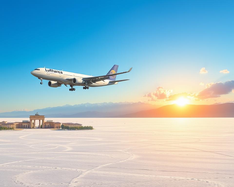 A scenic view illustrating the journey from Germany to Bolivia, capturing the essence of travel and adventure. In the foreground, a Lufthansa airplane taking off against a clear blue sky, showcasing a blend of modern design and comfort. In the middle, subtle hints of landmarks like Berlin's Brandenburg Gate and the Andes mountains transitioning into the Bolivian landscape, symbolizing the connection between the two countries. The background features the stunning Uyuni Salt Flats, with their shimmering, reflective surface under a golden sunset, casting a warm glow. Soft clouds drift in the sky, enhancing the tranquil atmosphere, while gentle lighting highlights the airplane and landscapes, creating a mood of anticipation and excitement for exploration. The scene emphasizes travel and discovery, appealing to adventure seekers.